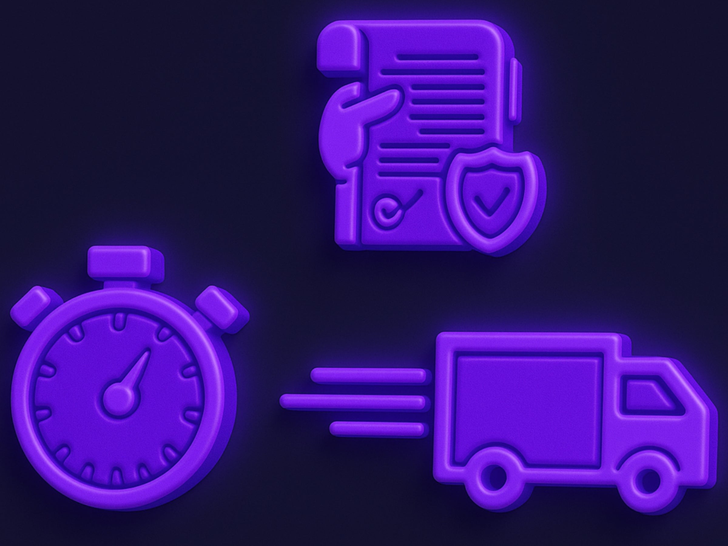Set of purple icons including a stopwatch, document, and truck on a dark background