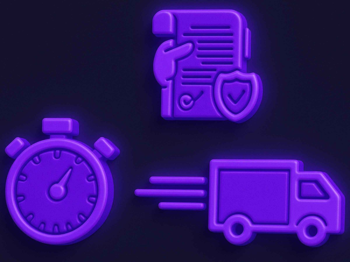 Set of purple icons including a stopwatch, document, and truck on a dark background