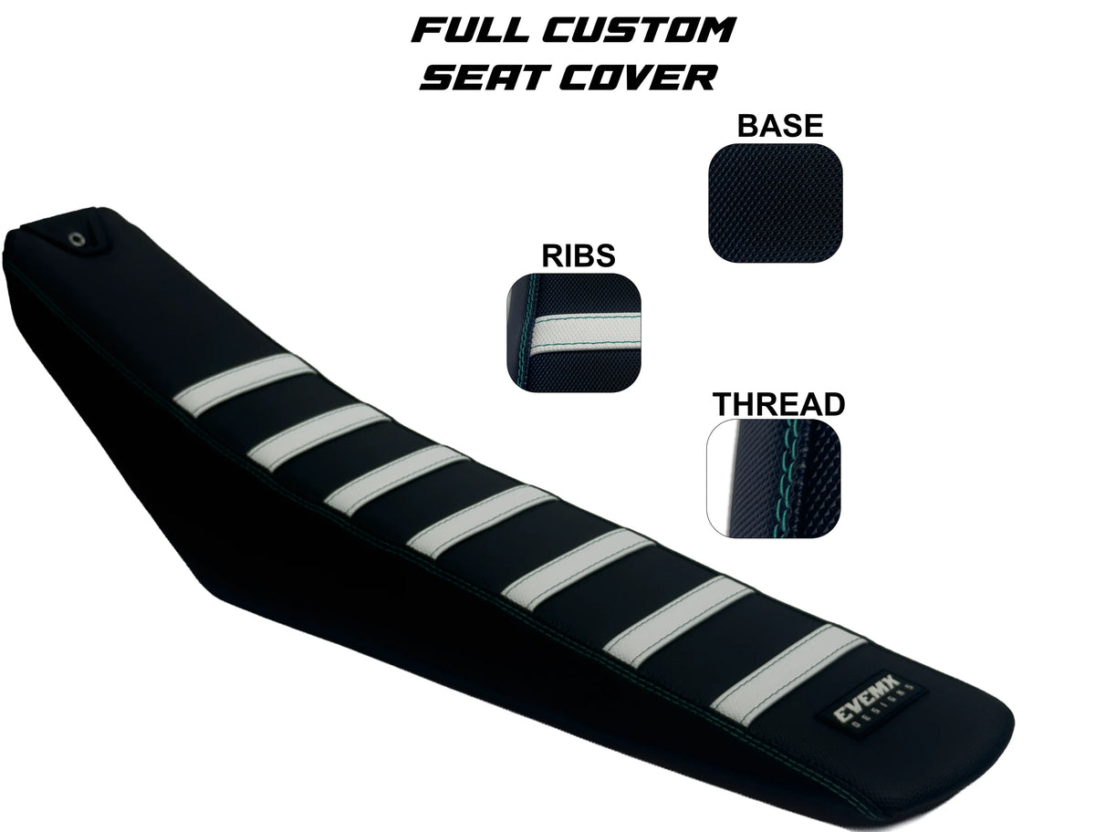 A custom motorcycle seat cover shown at an angle on a white background, with text reading 'FULL CUSTOM SEAT COVER' and three small inset detail images labeled 'RIBS', 'BASE', and 'THREAD'. The product is black with white stripe accents and red stitching.