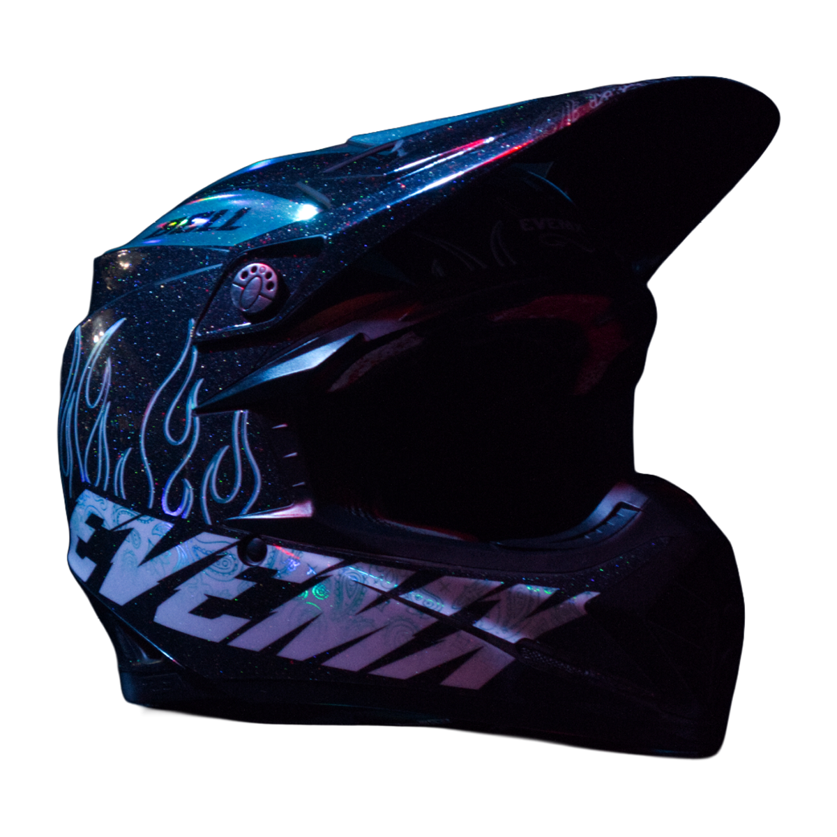 Black and blue motocross helmet with flame Evemx design on a white background
