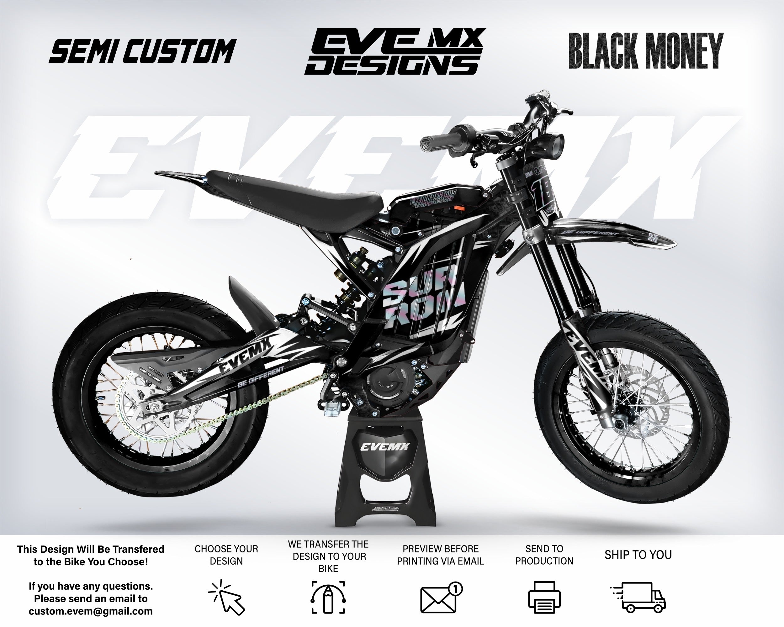 Motorcycle with 'Eve MX Designs' branding on a white background