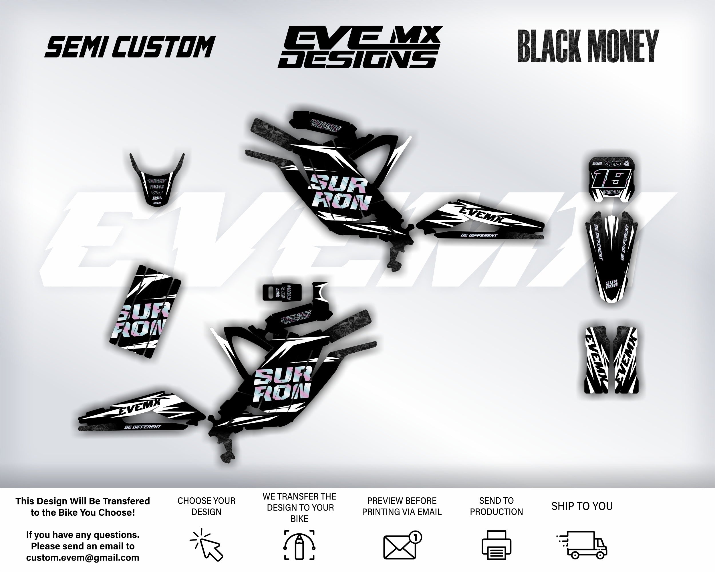 Motorcycle decals with 'Eve MX Designs' branding on a white background