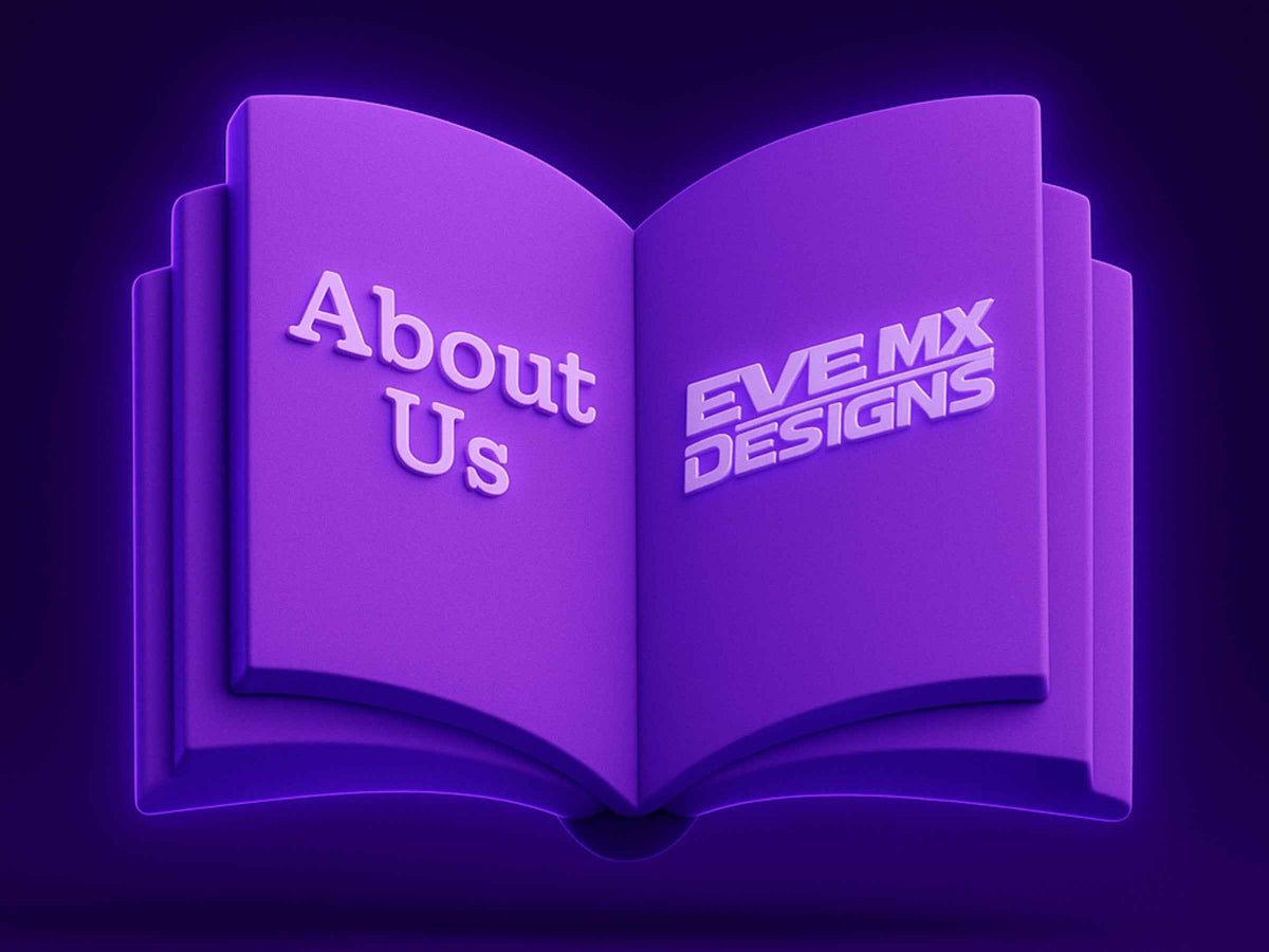 Purple book with 'About Us' and 'EVE MX DESIGNS' text on a dark purple background