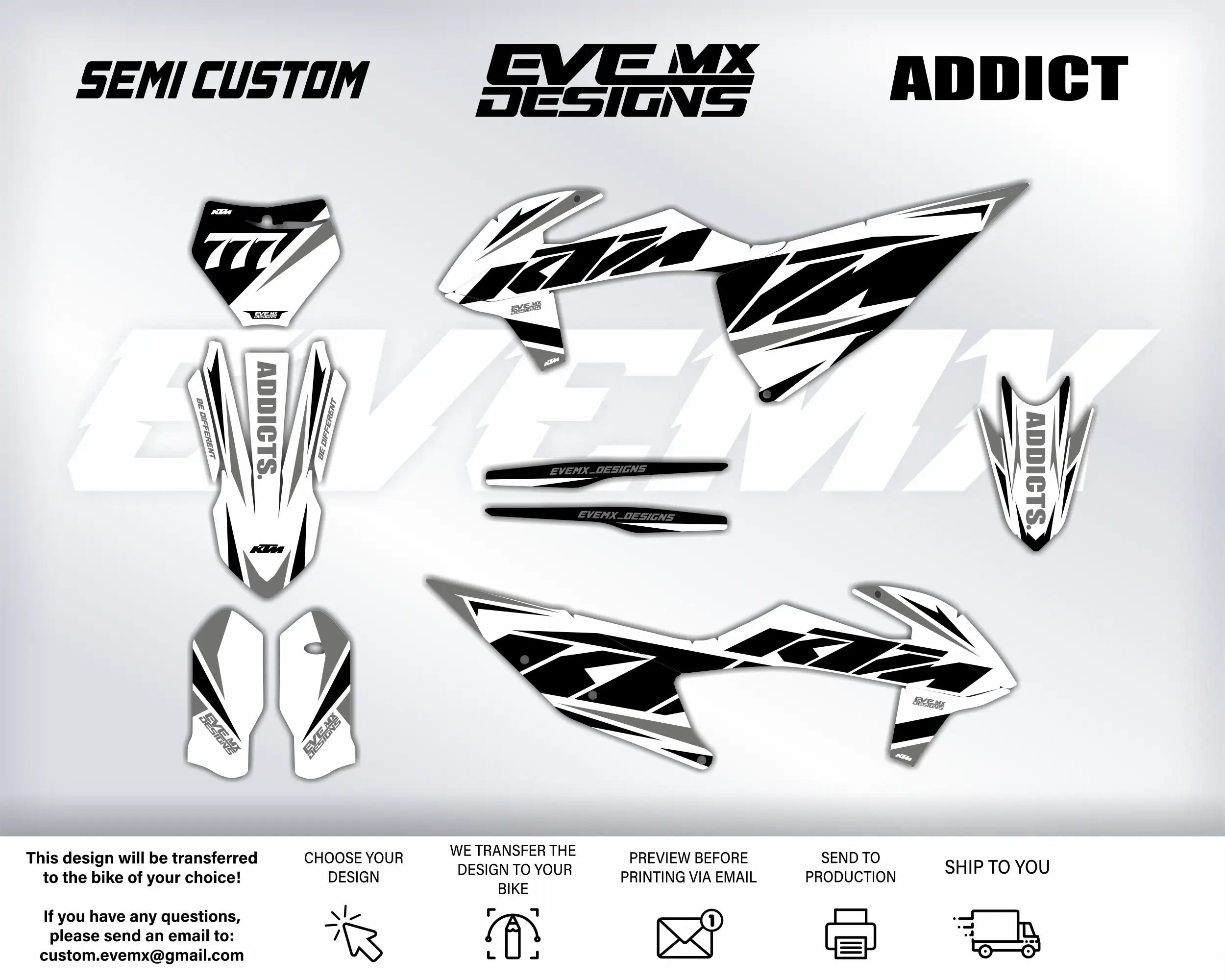Motorcycle decals with 'EVEMX Designs' branding on a white background