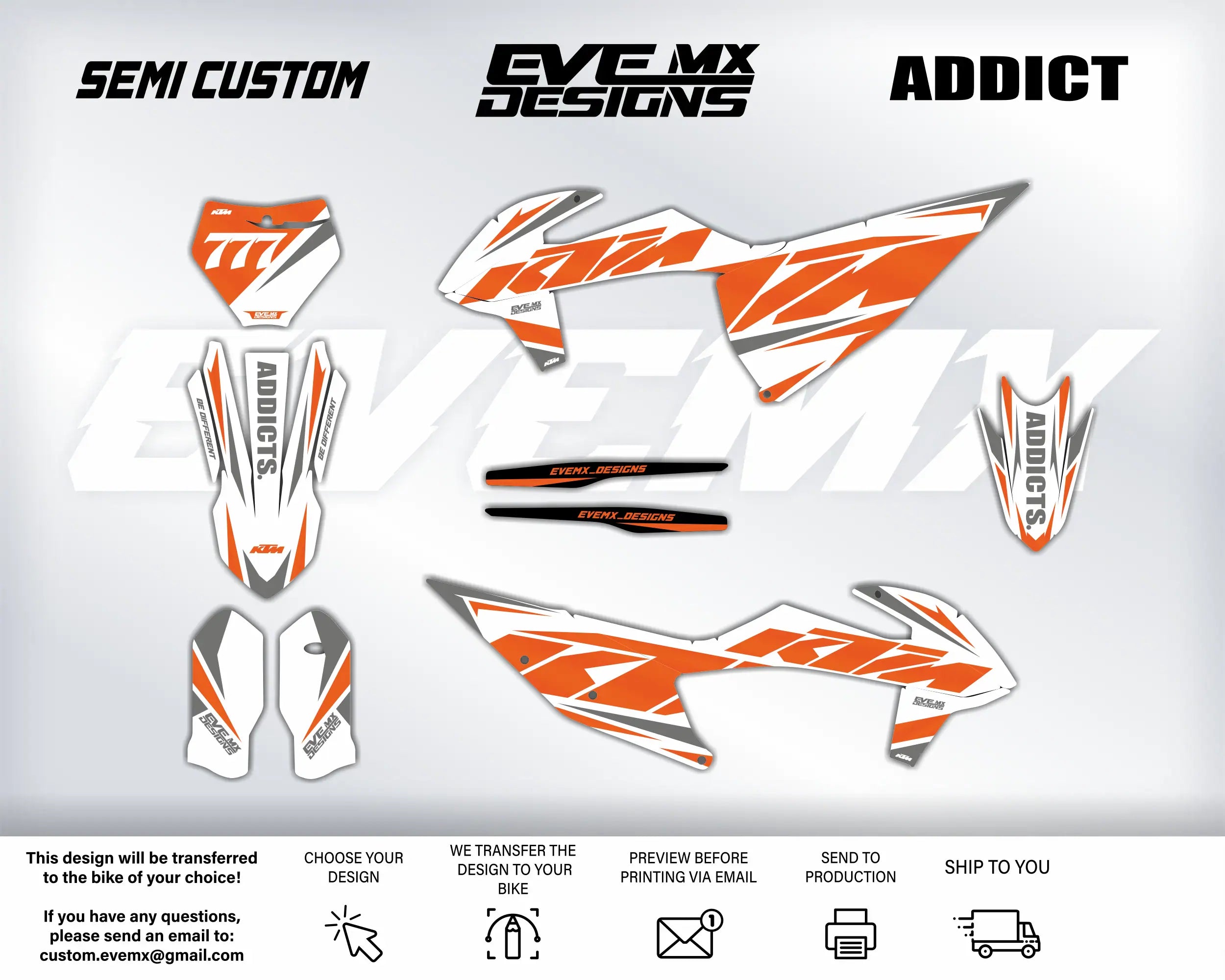 Motorcycle wrap design with 'EveMX Designs' branding on a gray background