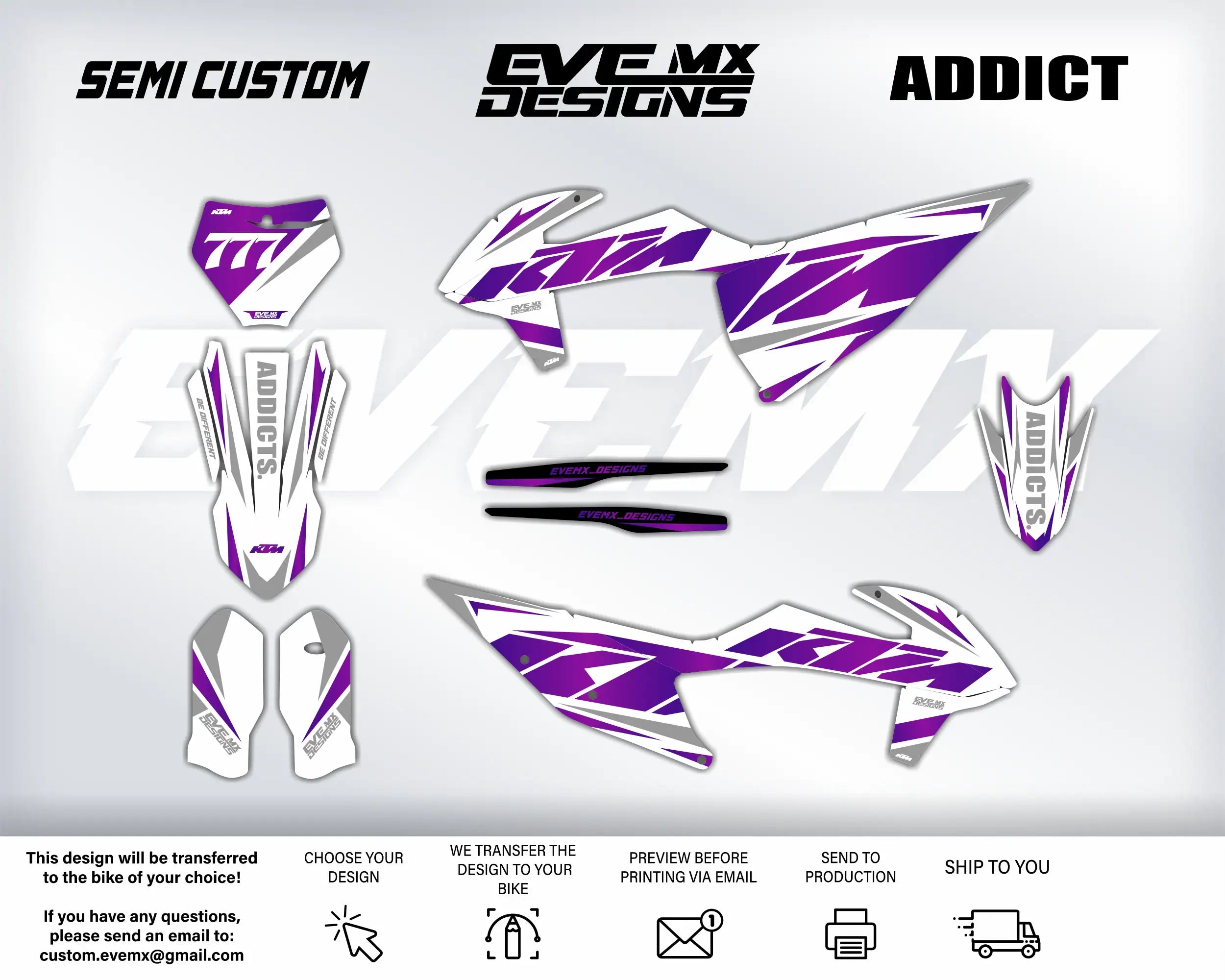 KTM motorcycle decals with 'Semi Custom', 'EveMX Designs', and 'Addict' branding on a white background.