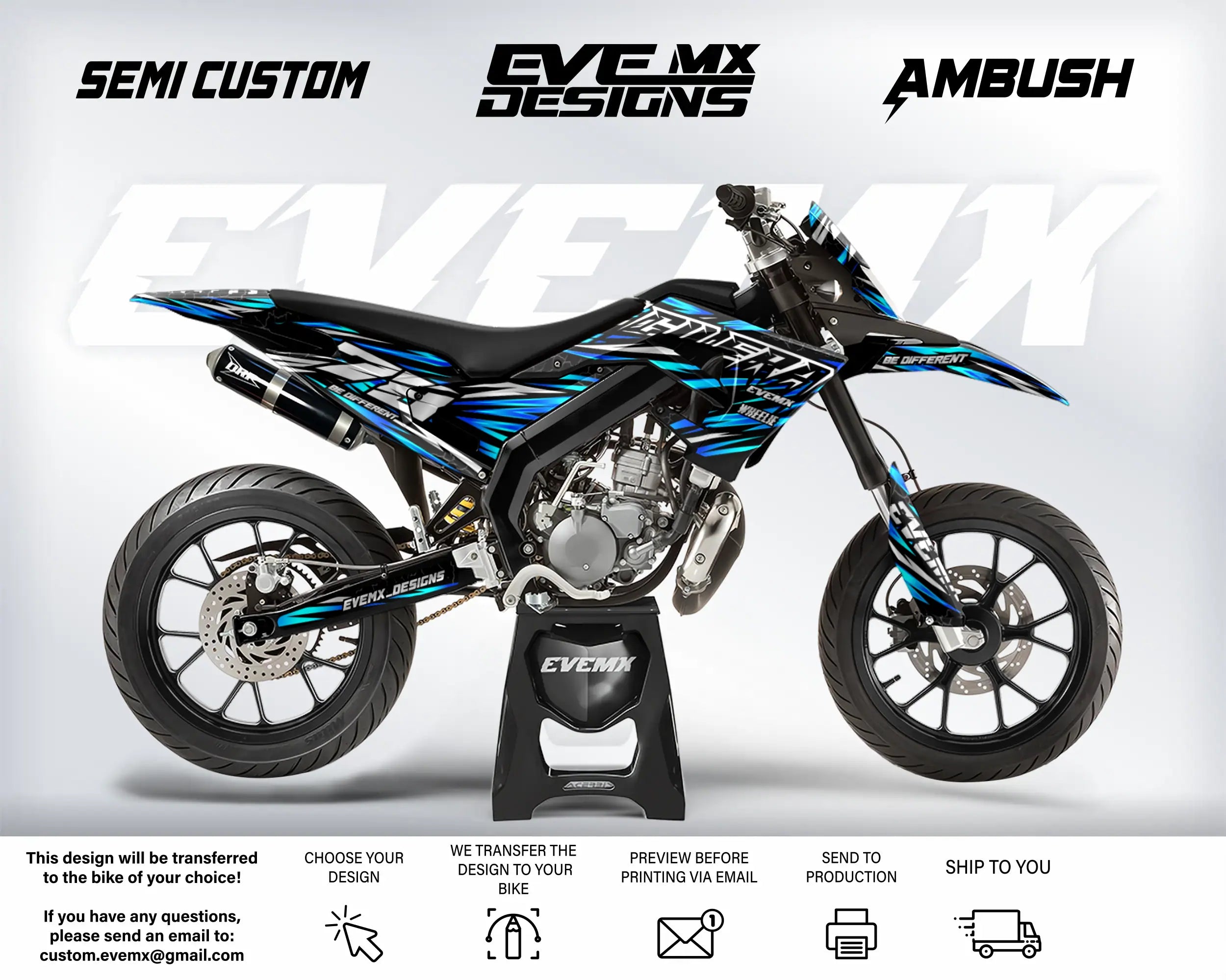 Motorcycle with custom graphics on a white background, featuring 'EveMX Designs' branding.