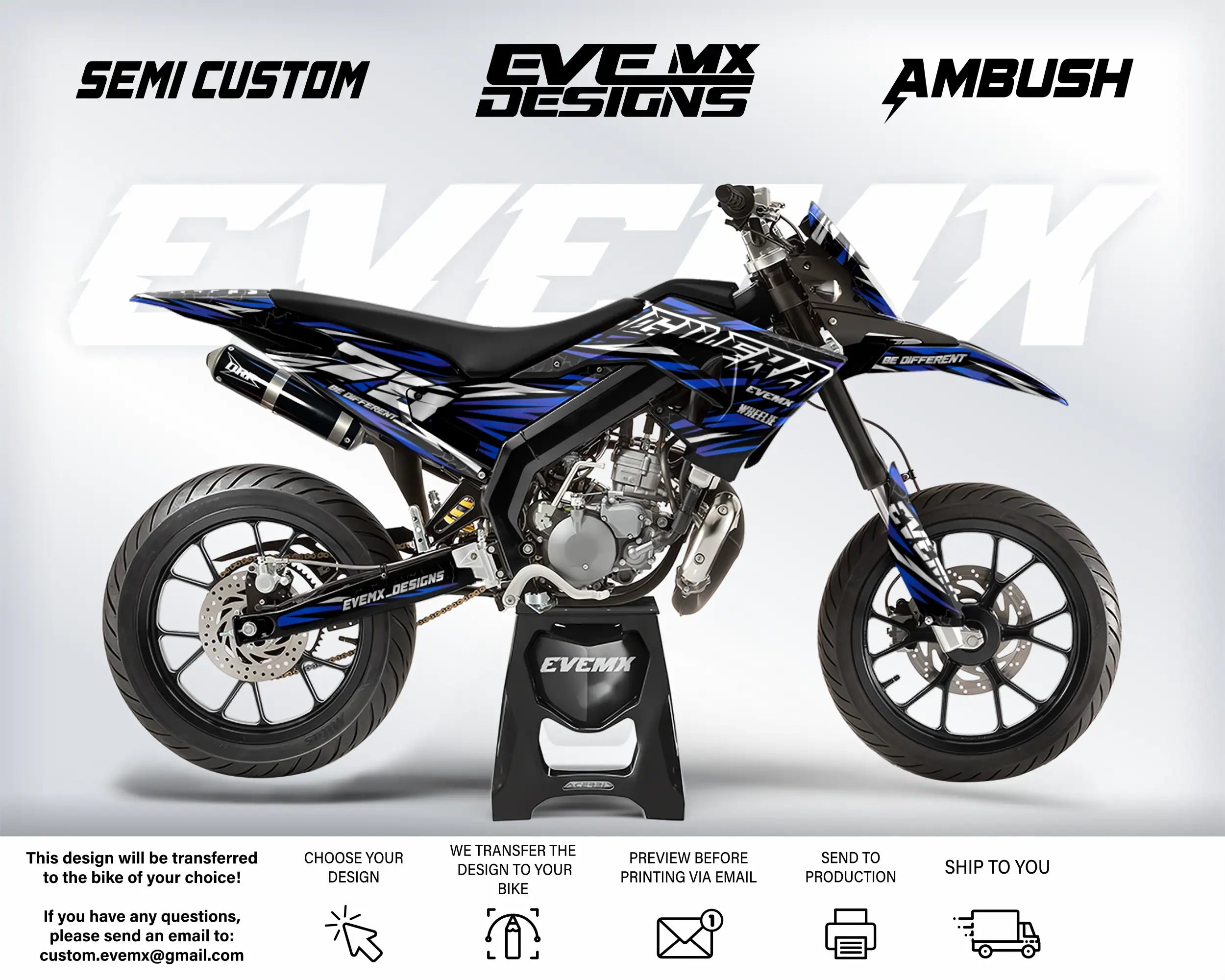 Motorcycle with 'EveMX Designs' branding on a white background