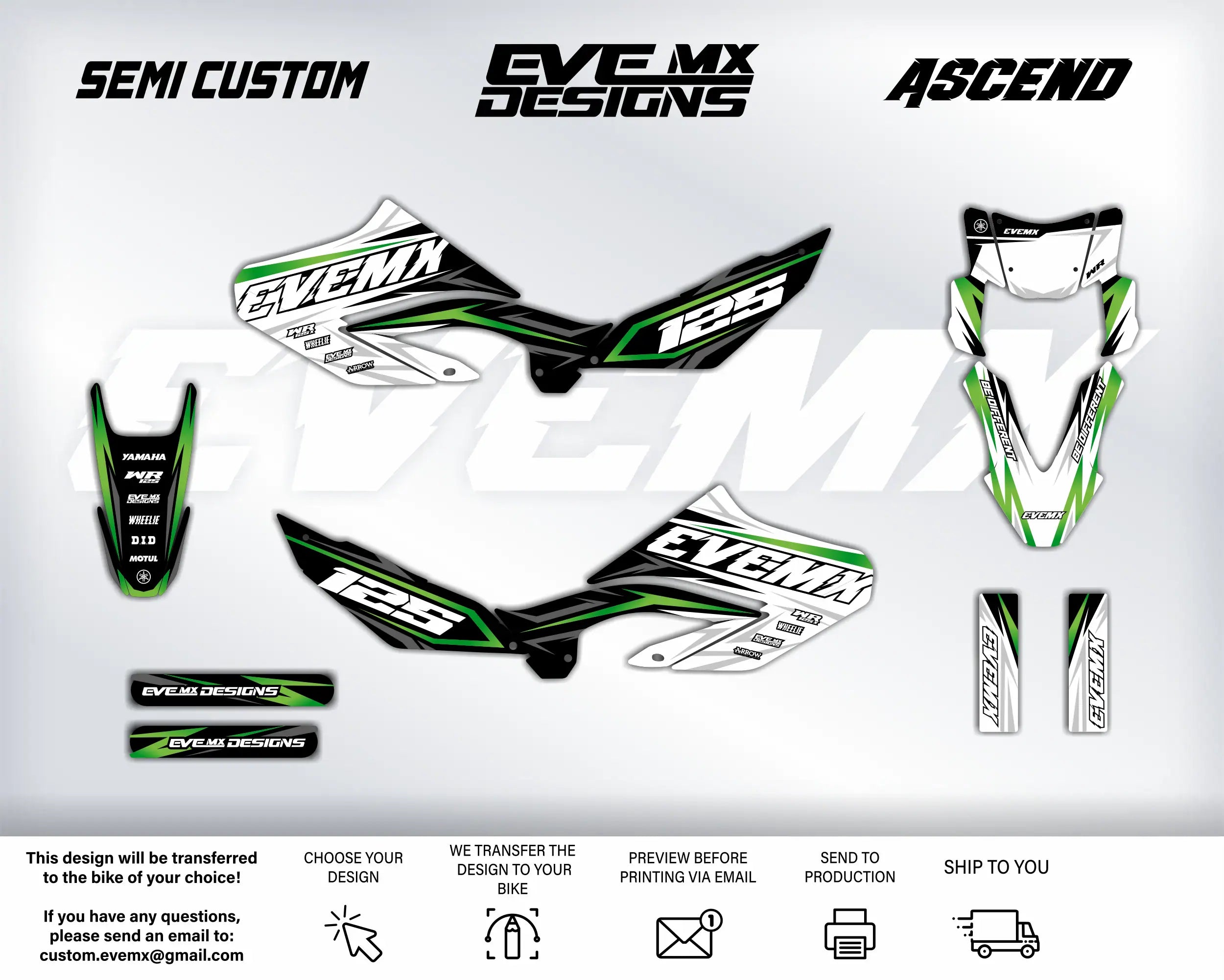 Motorcycle graphics kit with 'EveMX Designs' branding on a white background