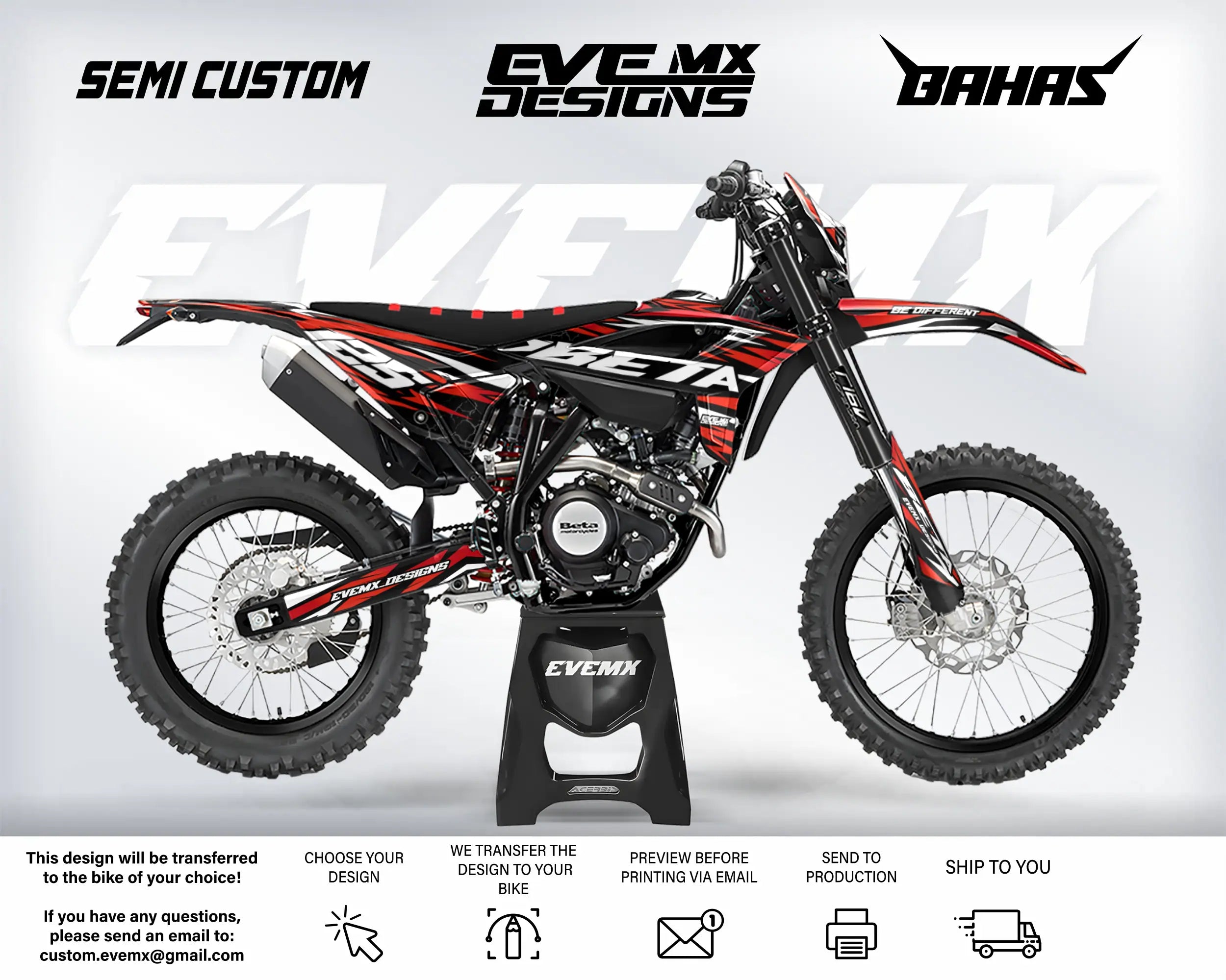 Motocross bike with custom graphics on a white background, featuring 'EveMX Designs' branding.