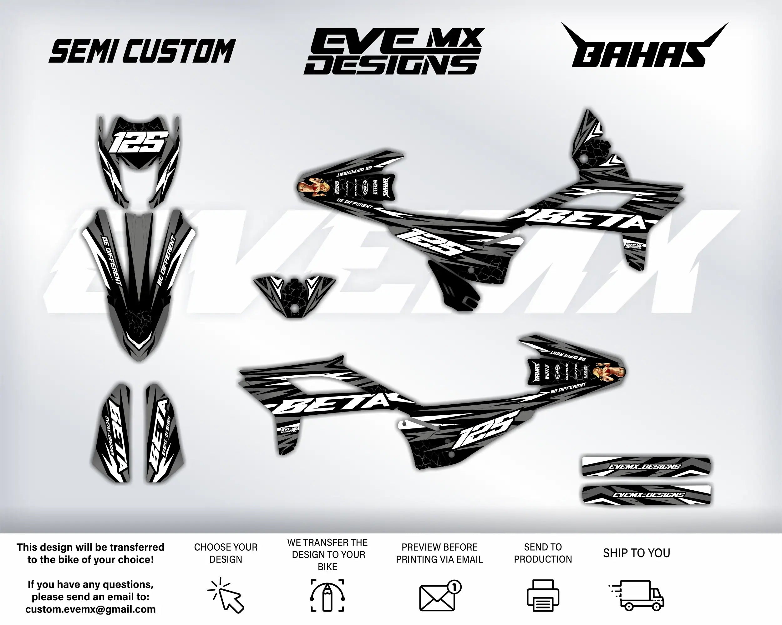 Motorcycle decals with 'Semi Custom', 'EveMX Designs', and 'Bahas' branding on a white background.