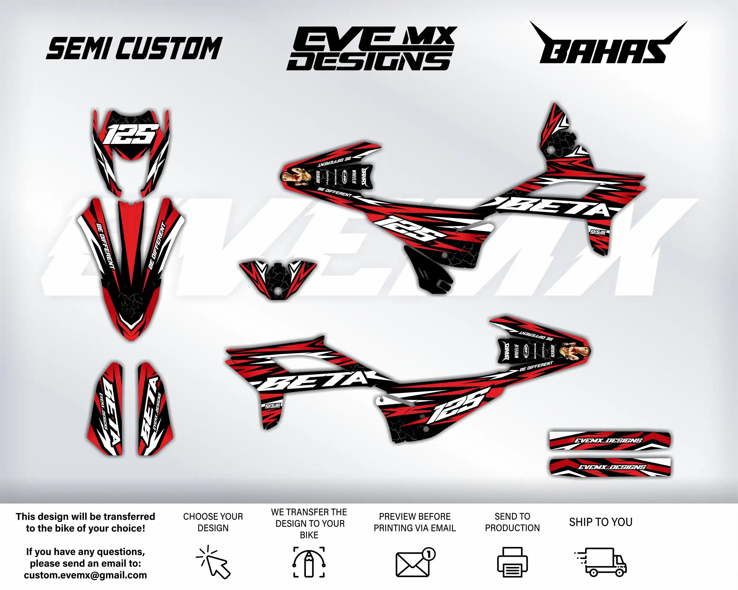 Motorcycle decals with 'Semi Custom', 'EveMX Designs', and 'Bahas' branding on a white background.