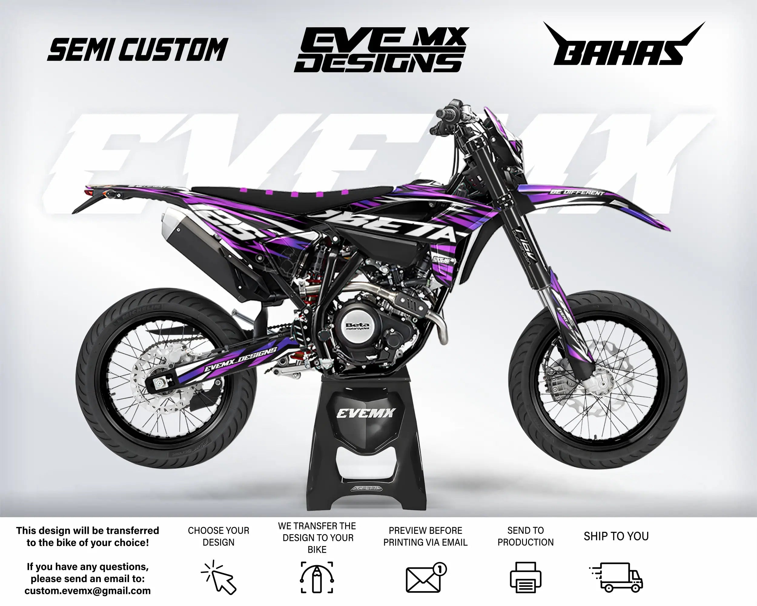 Motorcycle with purple and black design on a white background, featuring EveMx Designs branding and customization options.