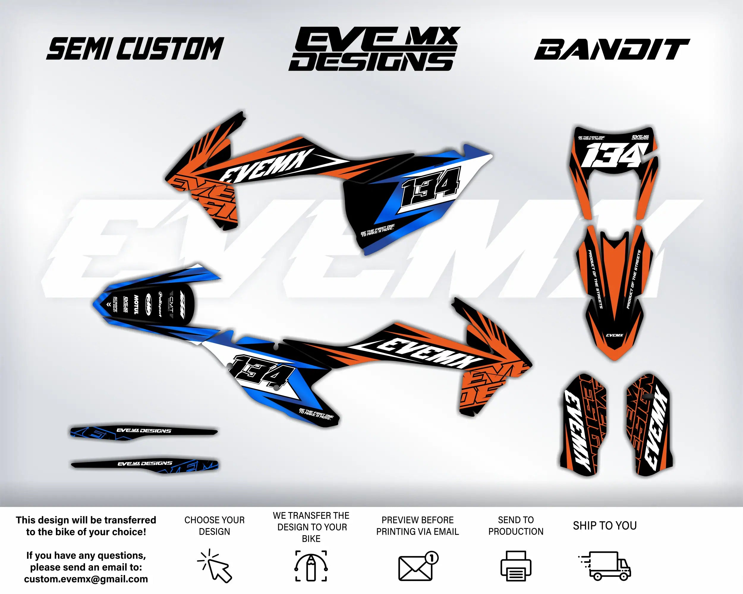 Motorcycle decals with 'EVEMX Designs' branding on a white background