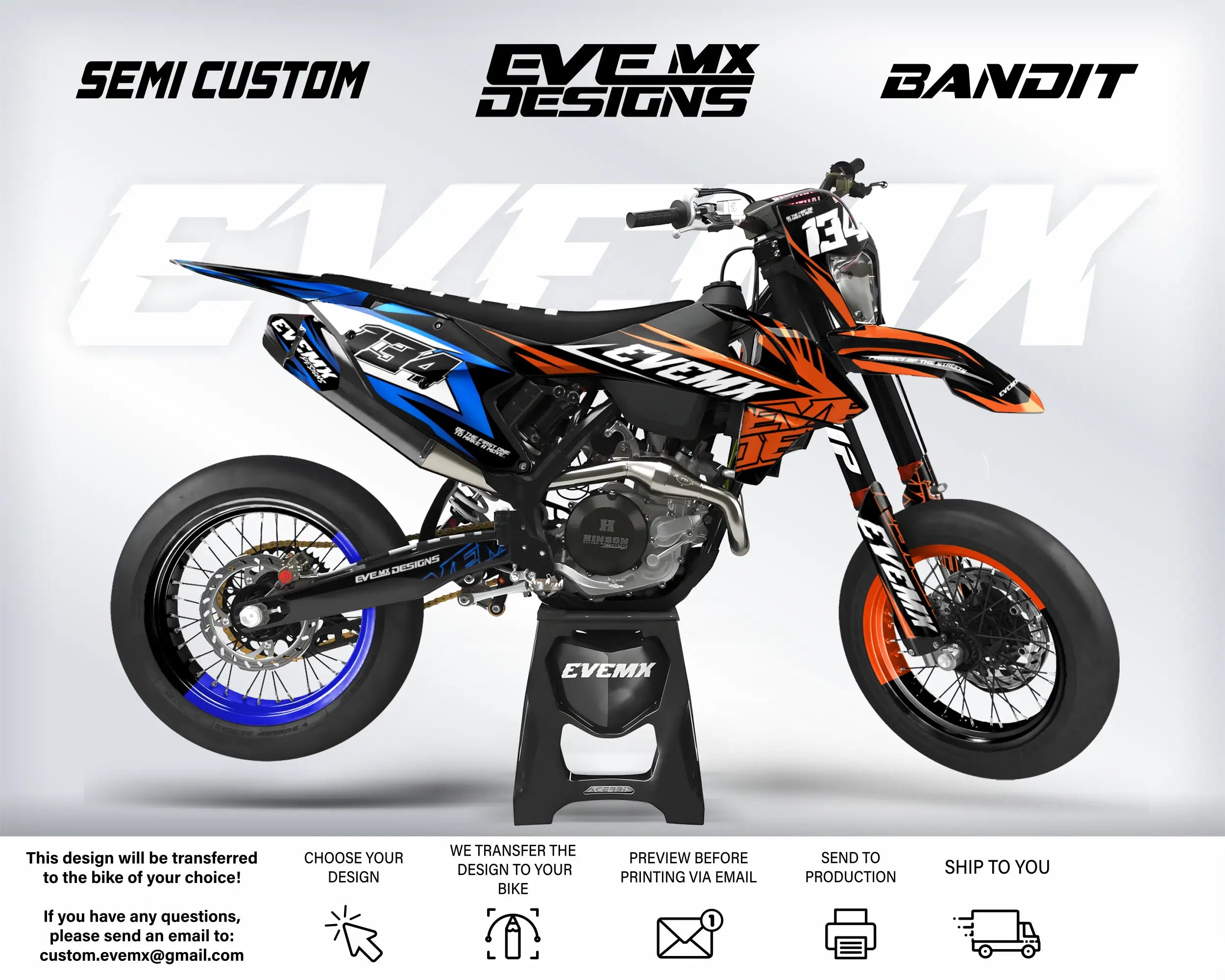 Motocross bike with 'EveMX Designs' branding on a white background