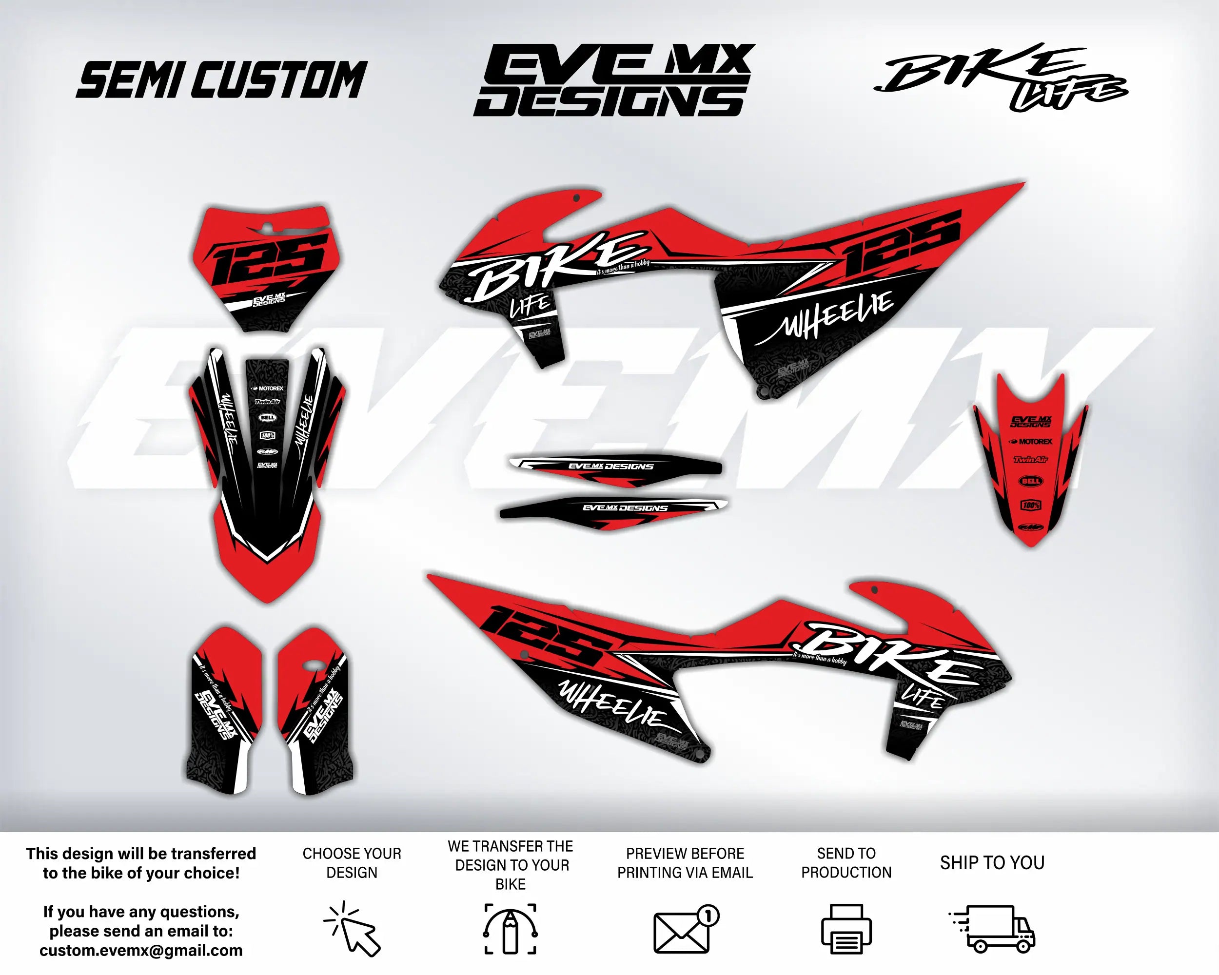Motorcycle decals with EveMx Designs branding and design elements on a white background