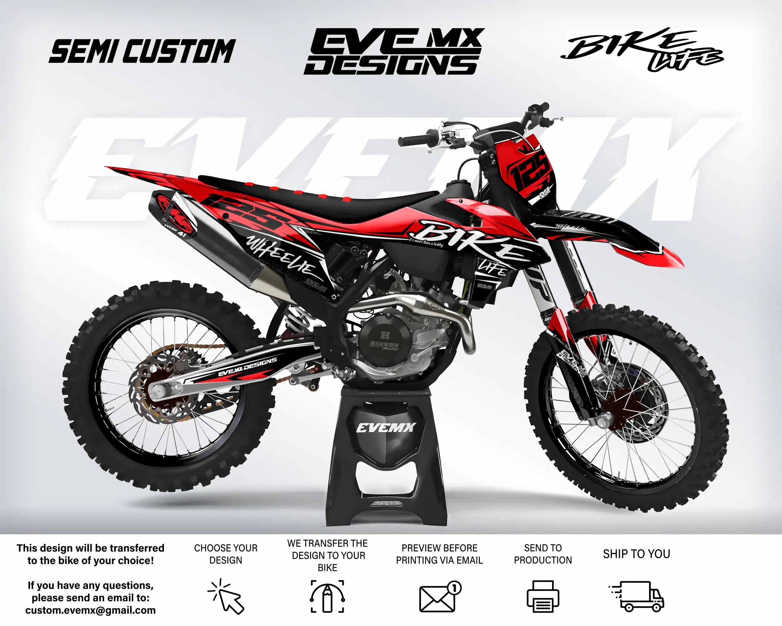 Red and black dirt bike with 'EveMX Designs' branding on a white background