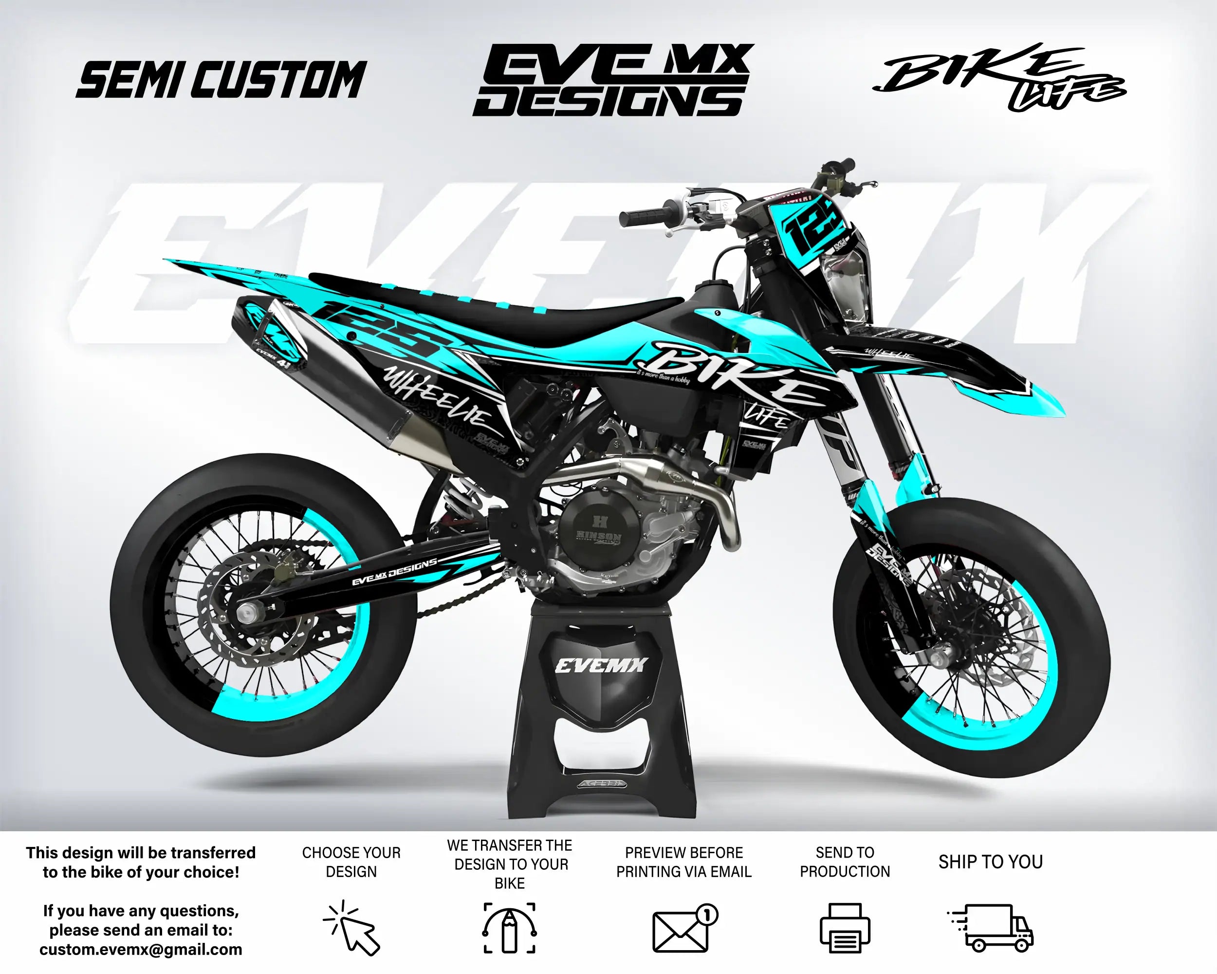 Motorcycle with turquoise and black design on a white background, featuring 'EveMX Designs' branding.