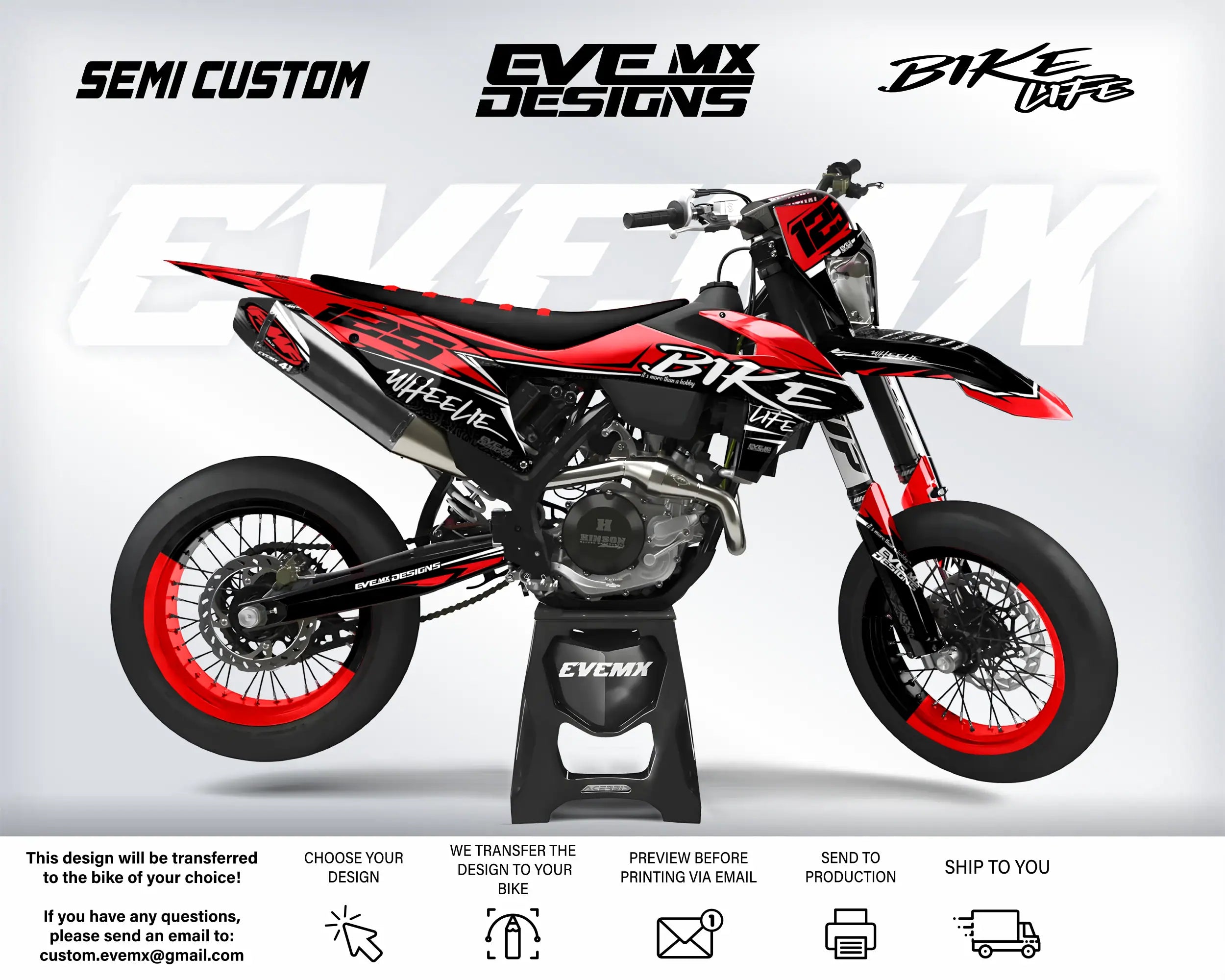 Red and black dirt bike with 'EveMX Designs' branding on a white background
