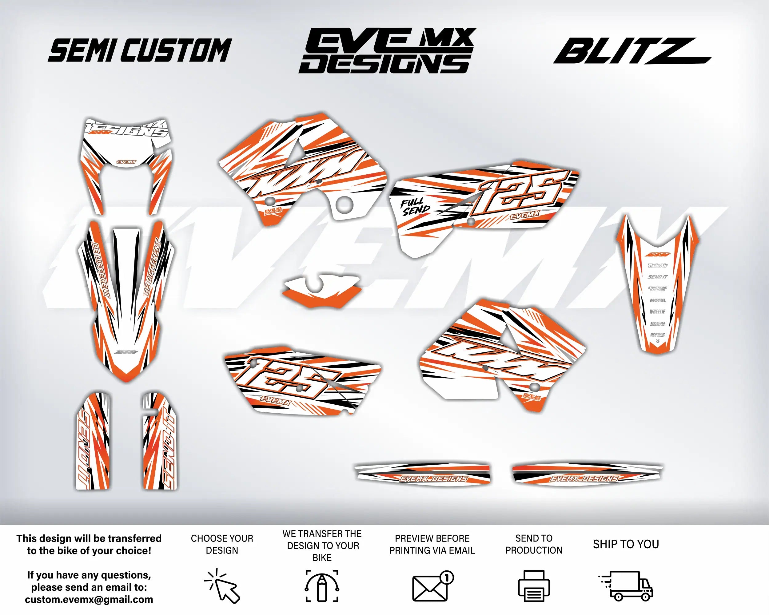 Collection of SEMI CUSTOM, EVEMX DESIGNS, and BLITZ motorcycle decals on a white background.