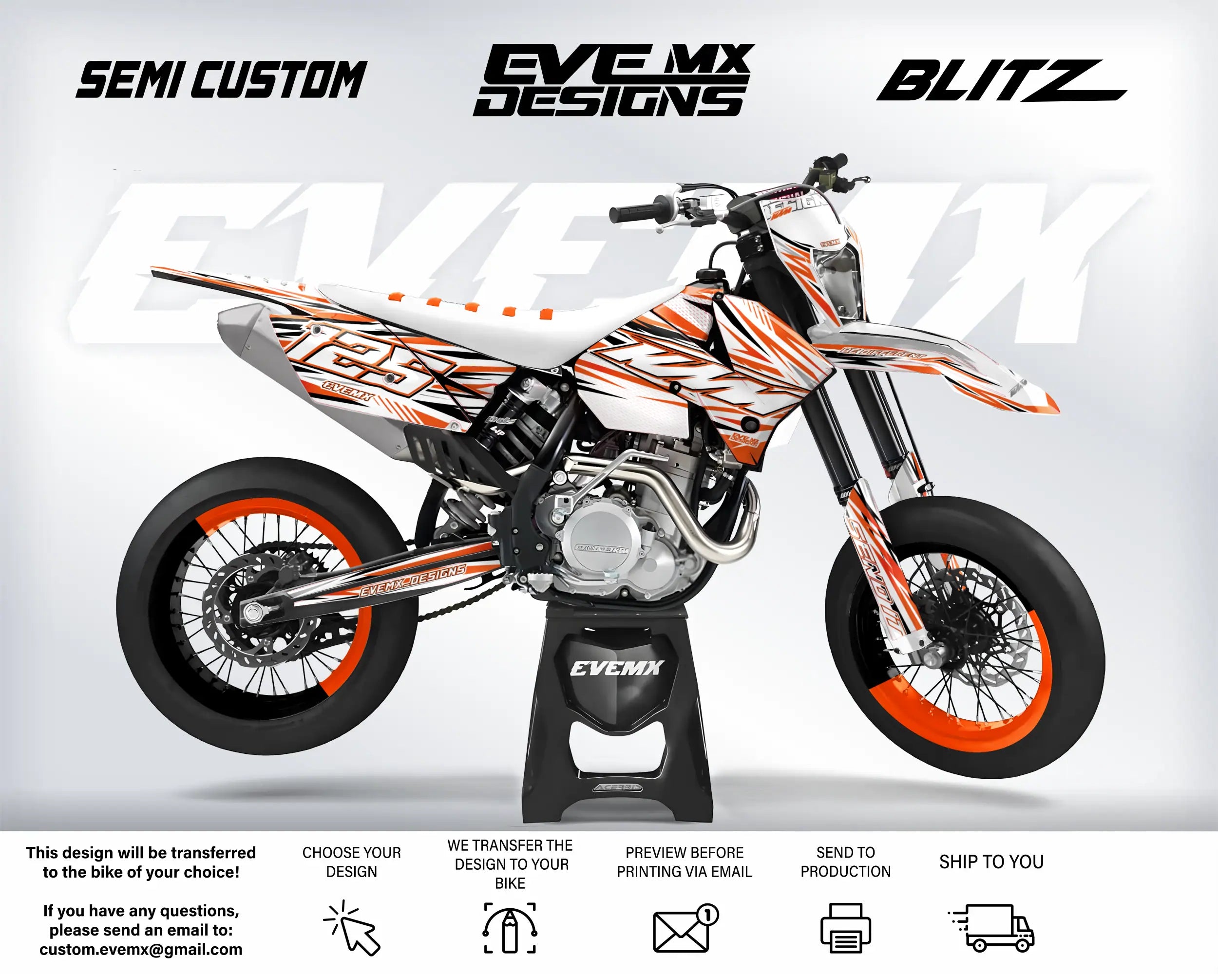 Custom dirt bike with 'EveMX Designs' branding on a white background