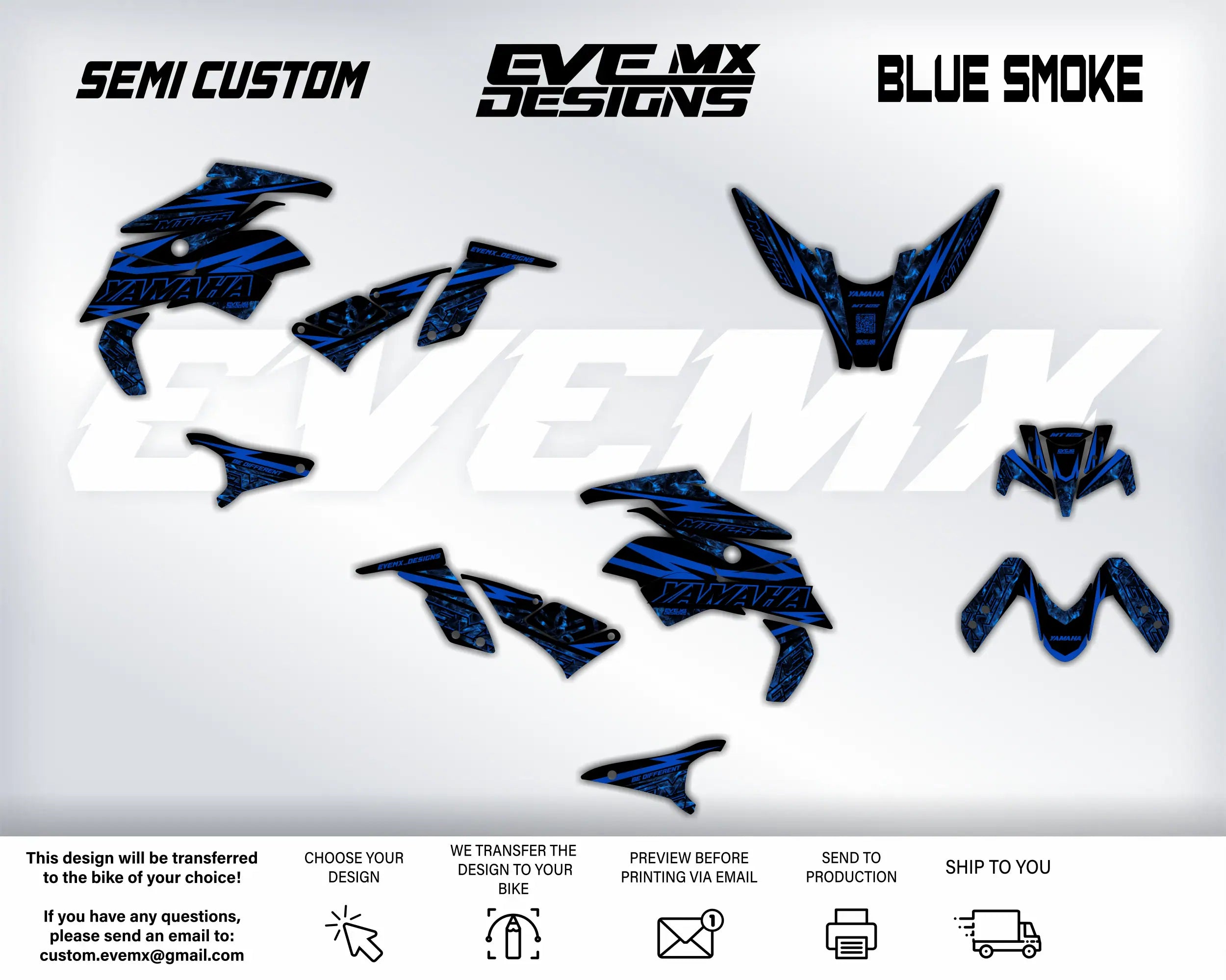 Motorcycle decals with 'EveMX Designs' branding and 'Blue Smoke' theme on a white background.
