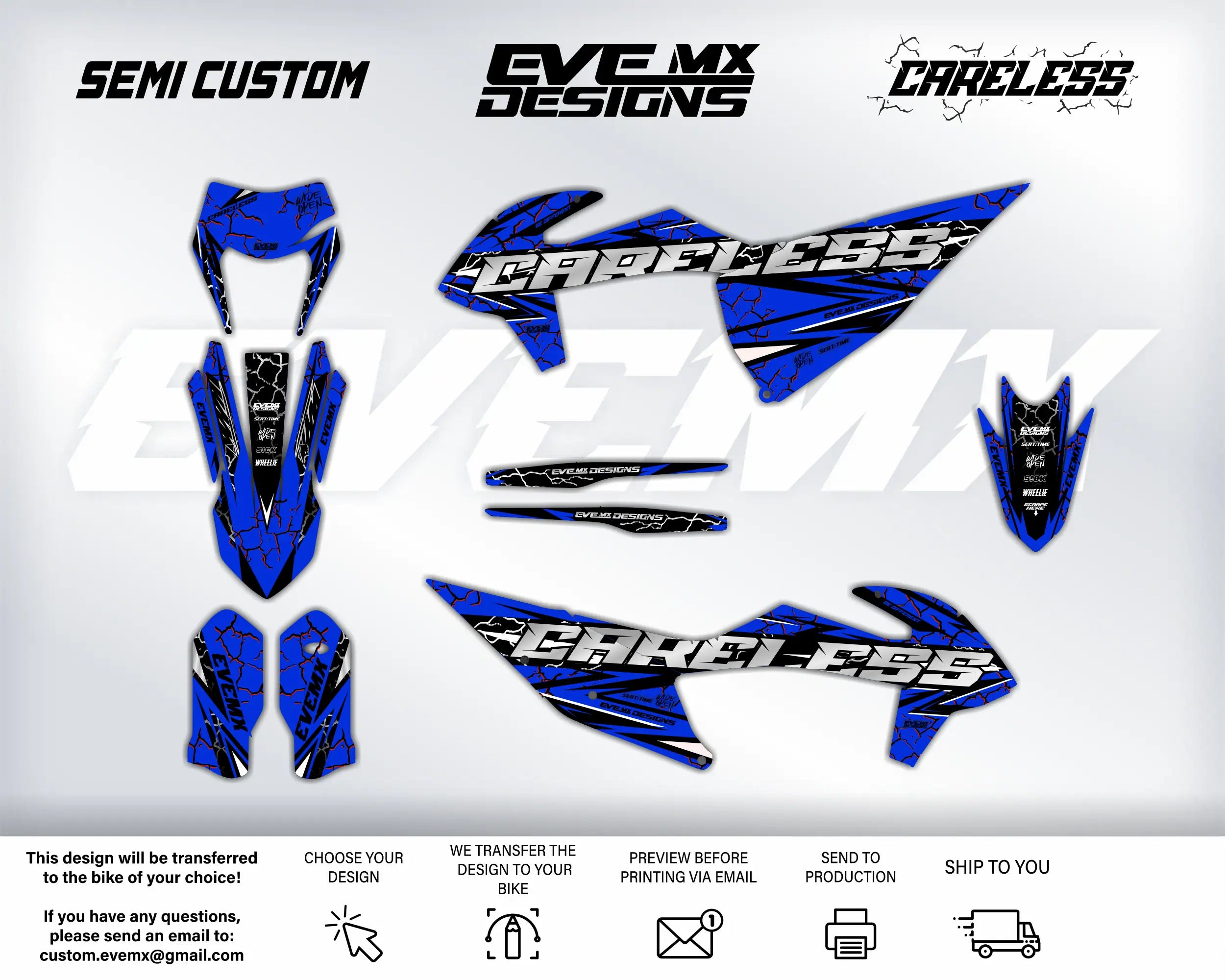 Motorcycle wrap design with 'Careless' EveMx Designs branding on a white background