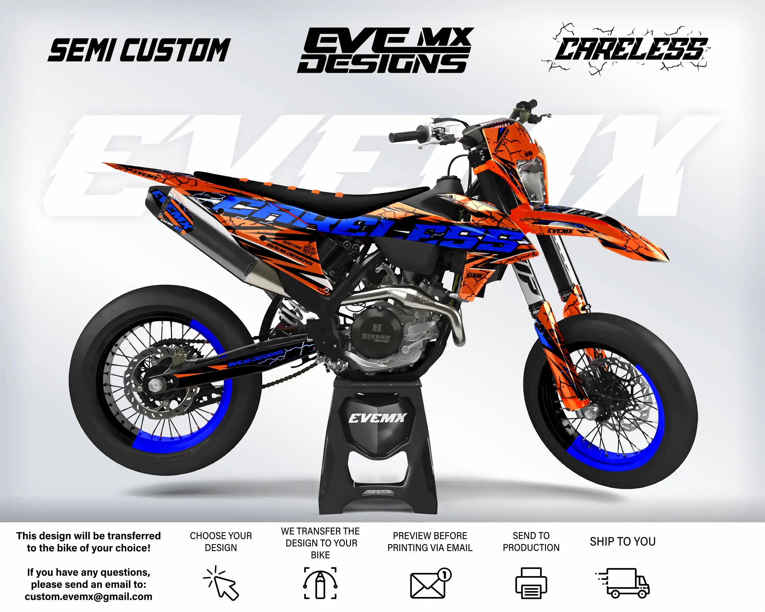 Orange and black dirt bike with 'EveMX Designs' branding on a white background