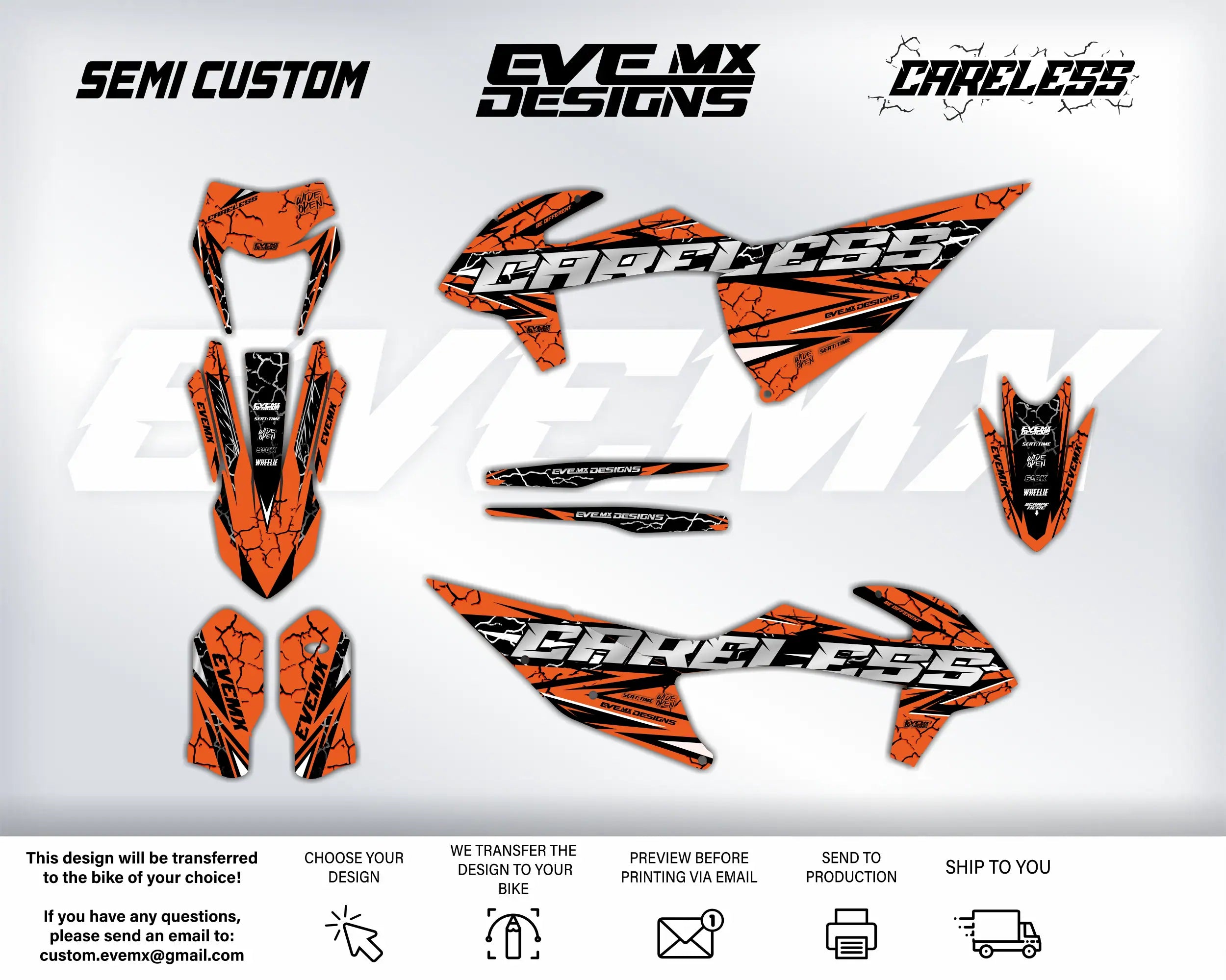 Motorcycle graphics kit with 'Careless' design on a white background, featuring EveMx Designs branding and contact information.