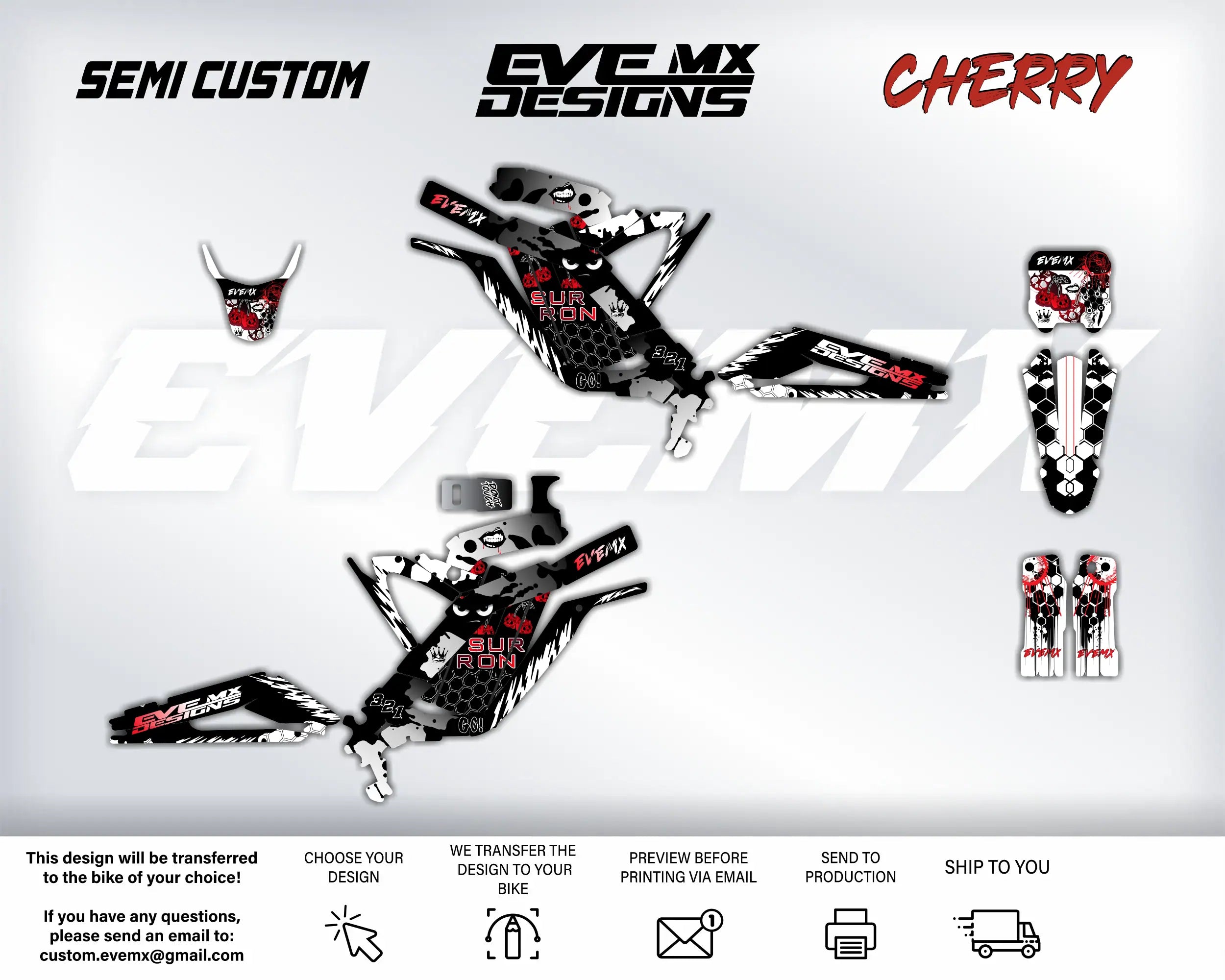 Motorcycle graphics kit with 'EveMX Designs' branding on a white background