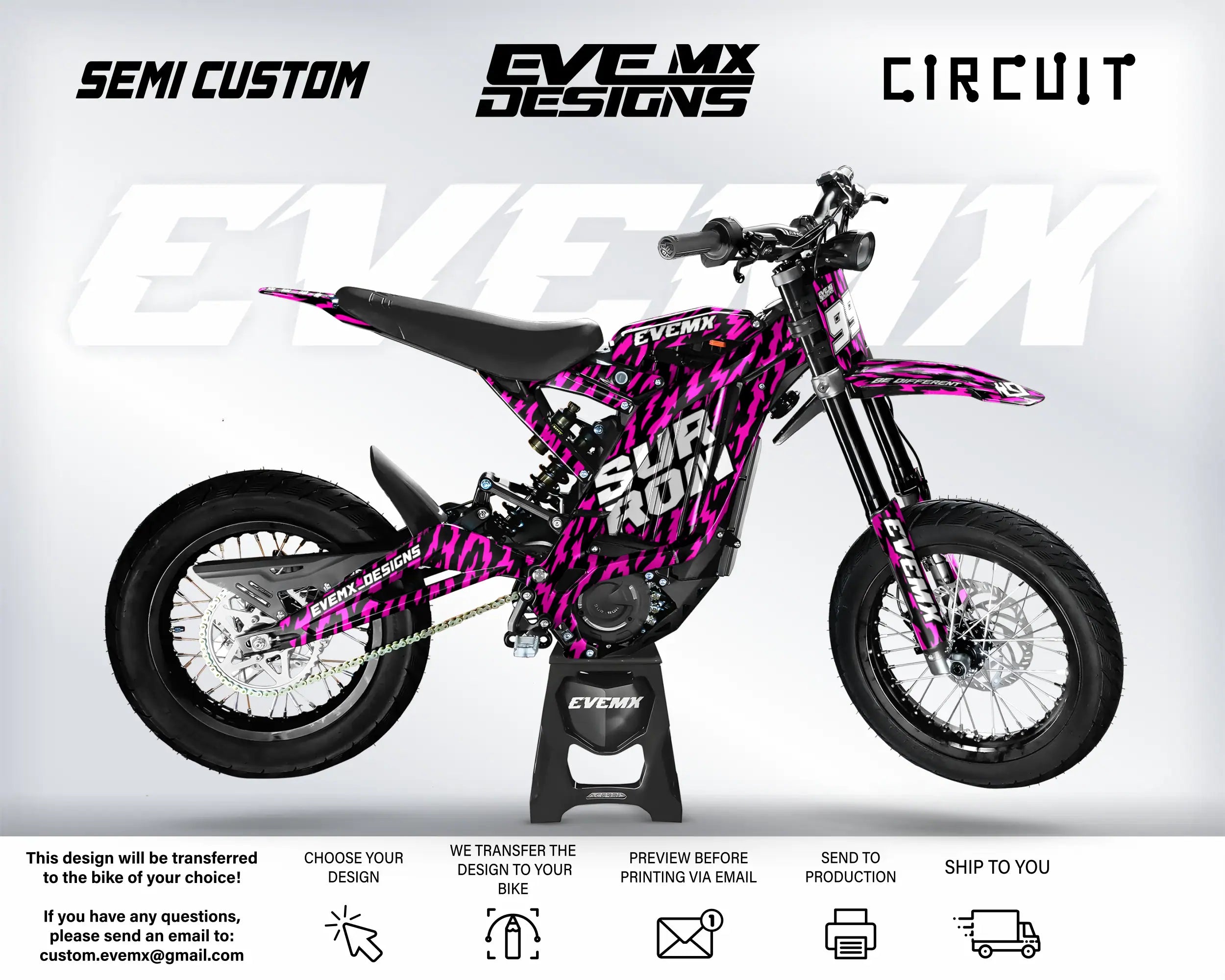 Motorcycle with pink and black design on a white background, featuring 'EveMX Designs' branding.