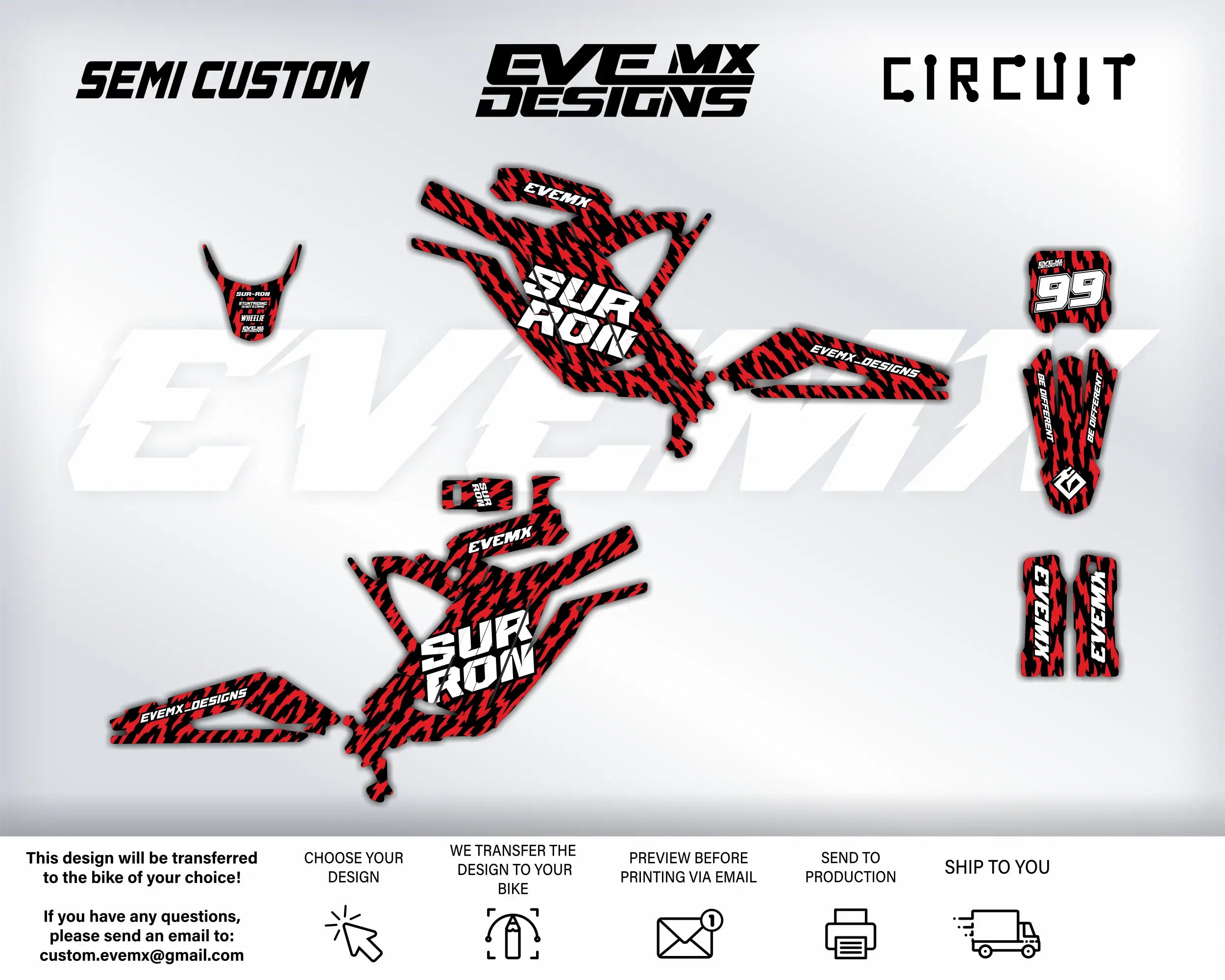 Motorcycle decals with 'EveMX Designs' and 'Semi Custom' branding on a white background.