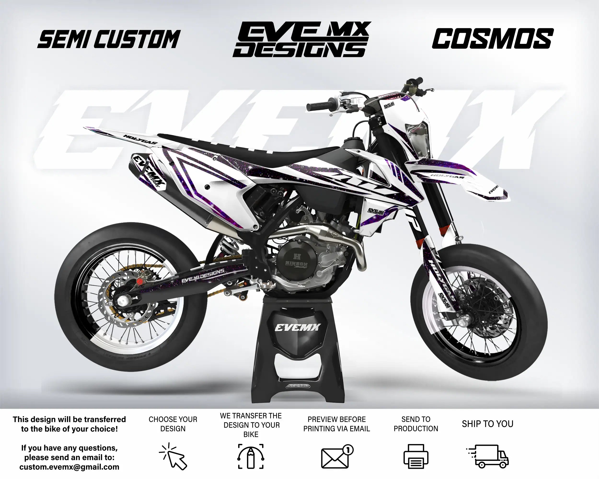 Motorcycle with 'EveMX Designs' branding on a white background