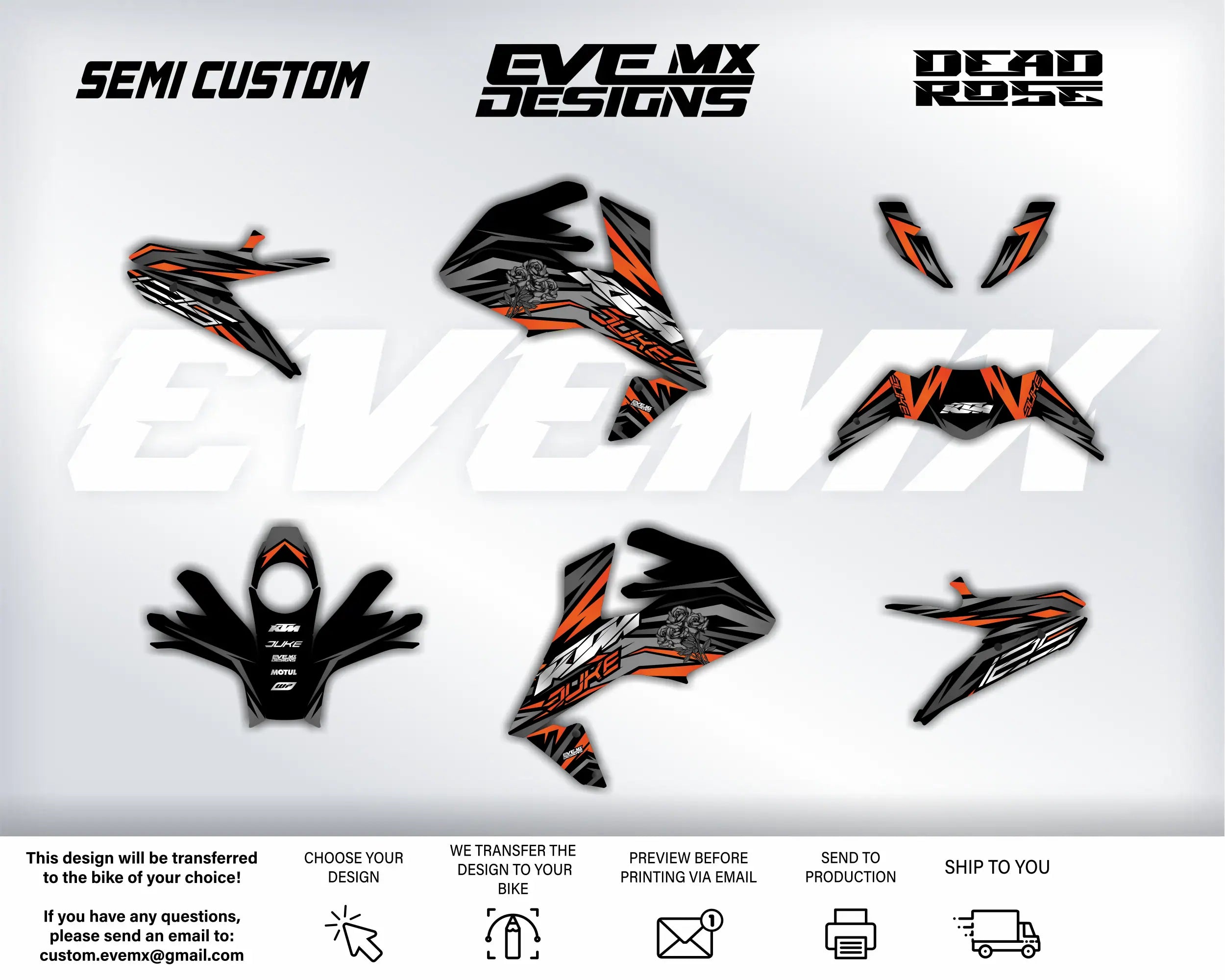 Collection of motorcycle decals with EveMX Designs branding on a white background