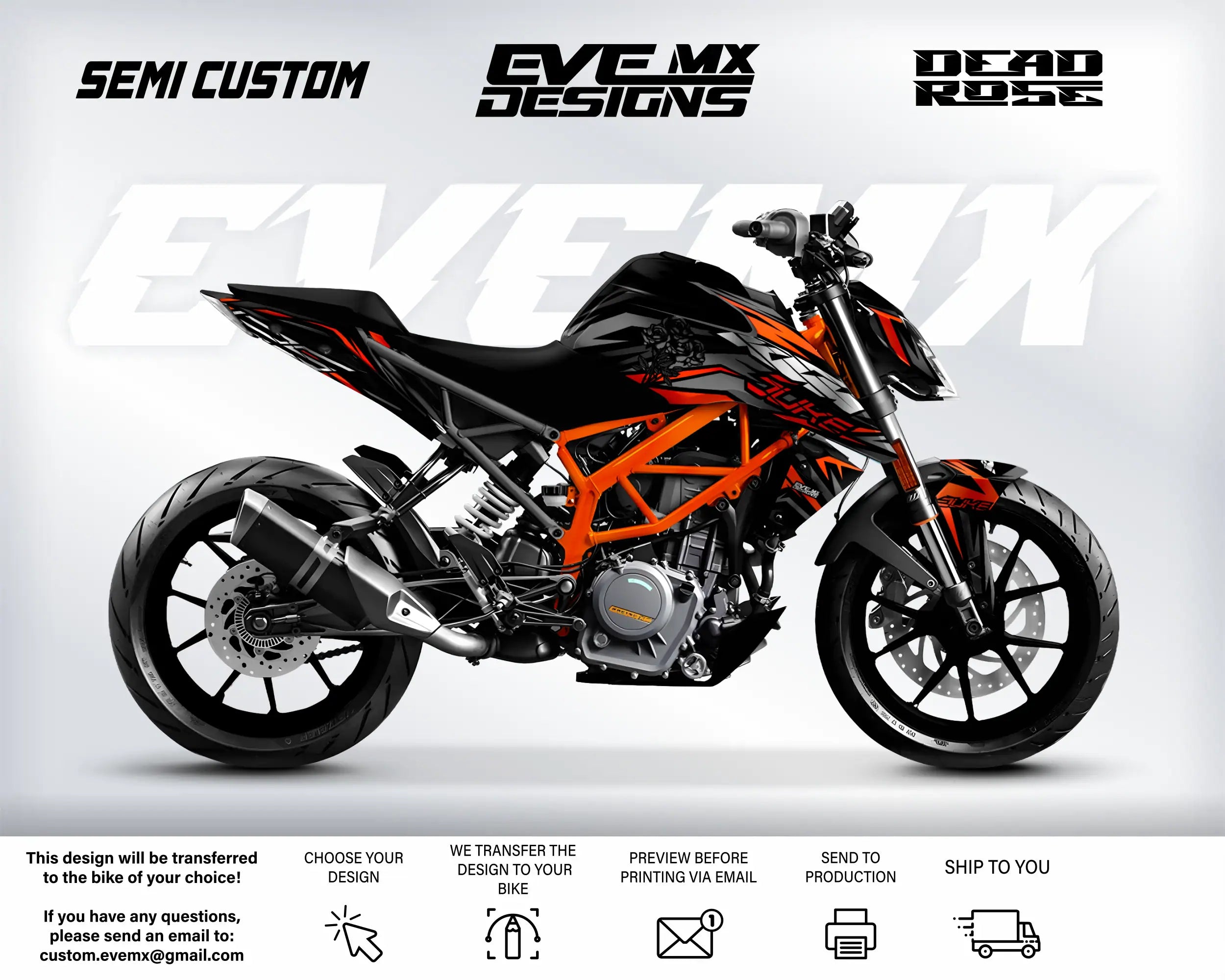 Motorcycle with 'EVE MX Designs' branding on a white background