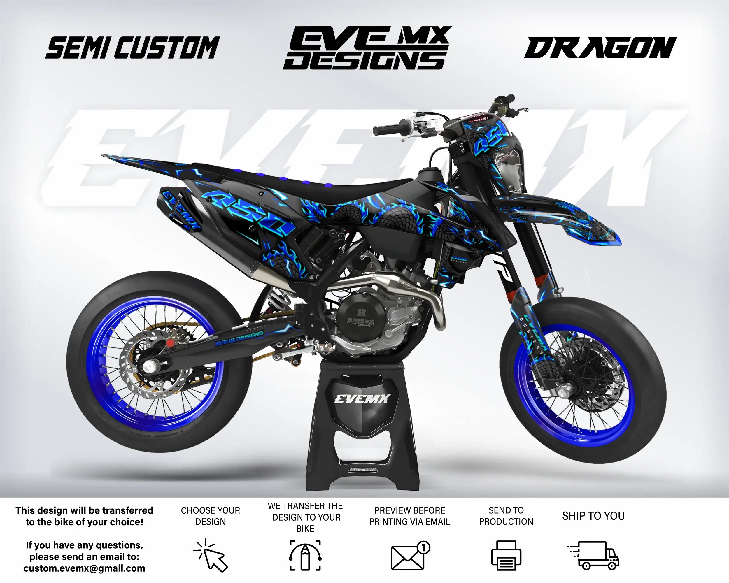 Motorcycle with blue and black design on a white background, featuring 'EveMX Designs' branding.