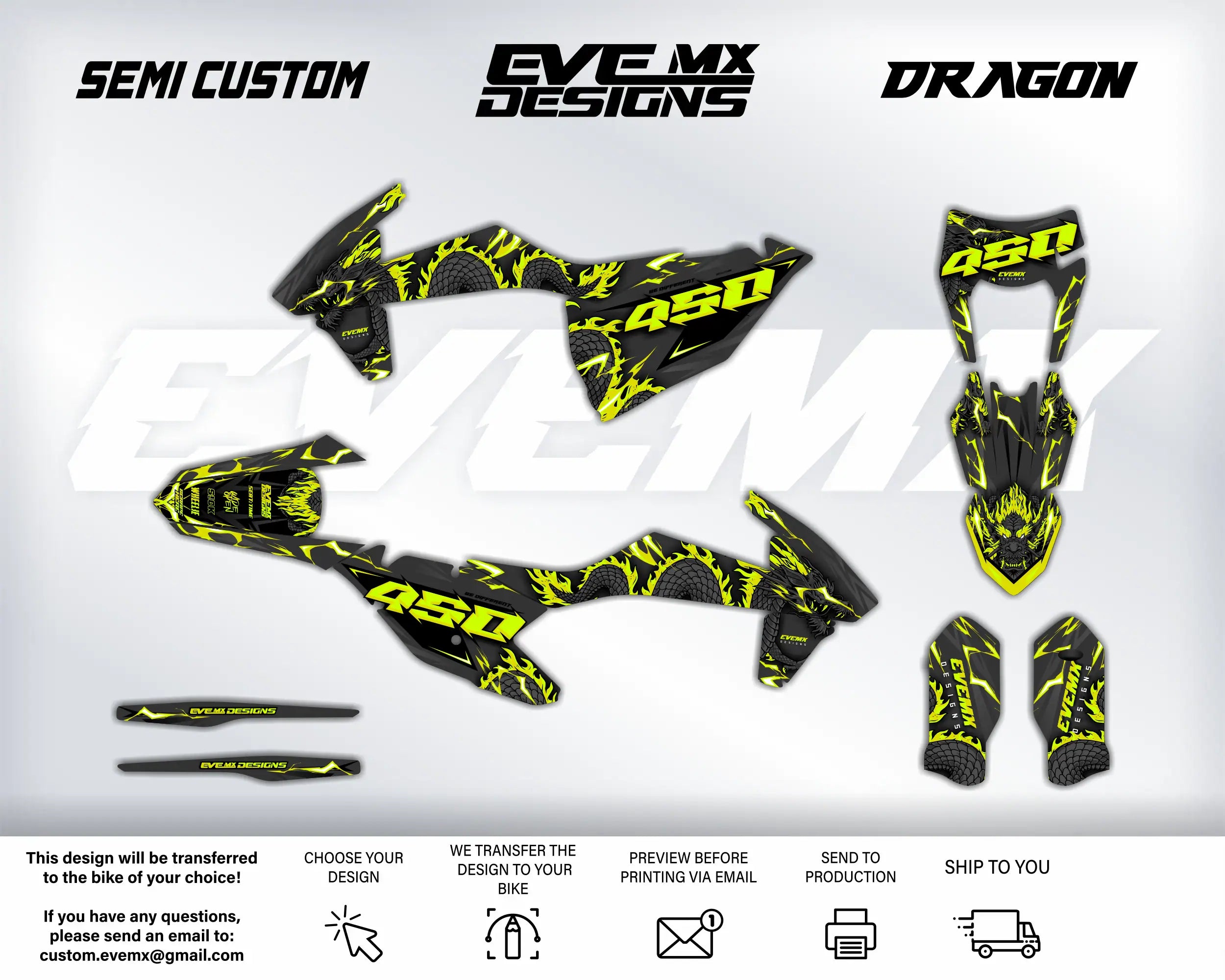 Motorcycle graphics kit with 'ASG' branding on a white background, featuring 'Semi Custom', 'EveMX Designs', and 'Dragon' text.