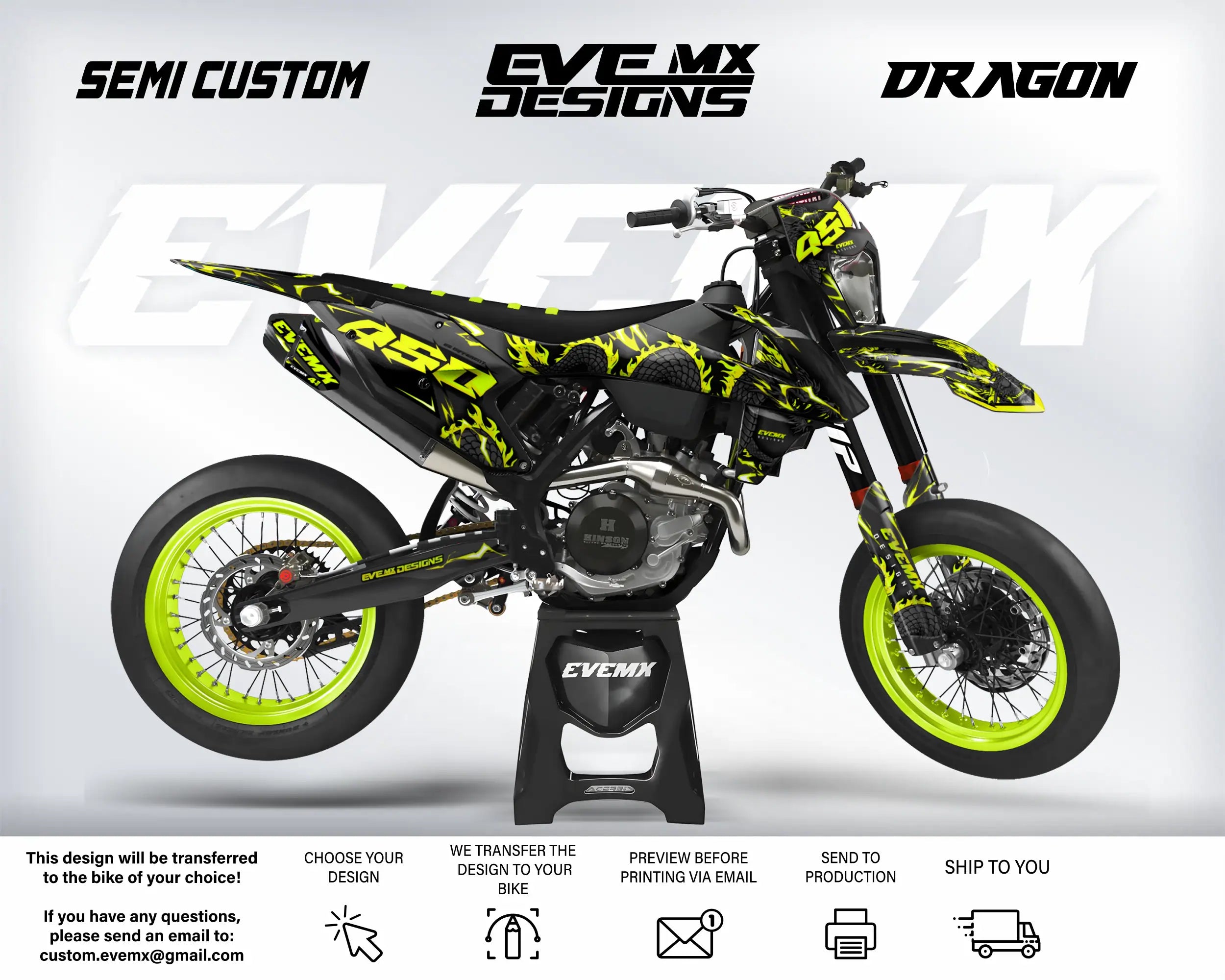 Motorcycle with green and black design on a white background, featuring 'EveMX Designs' branding.