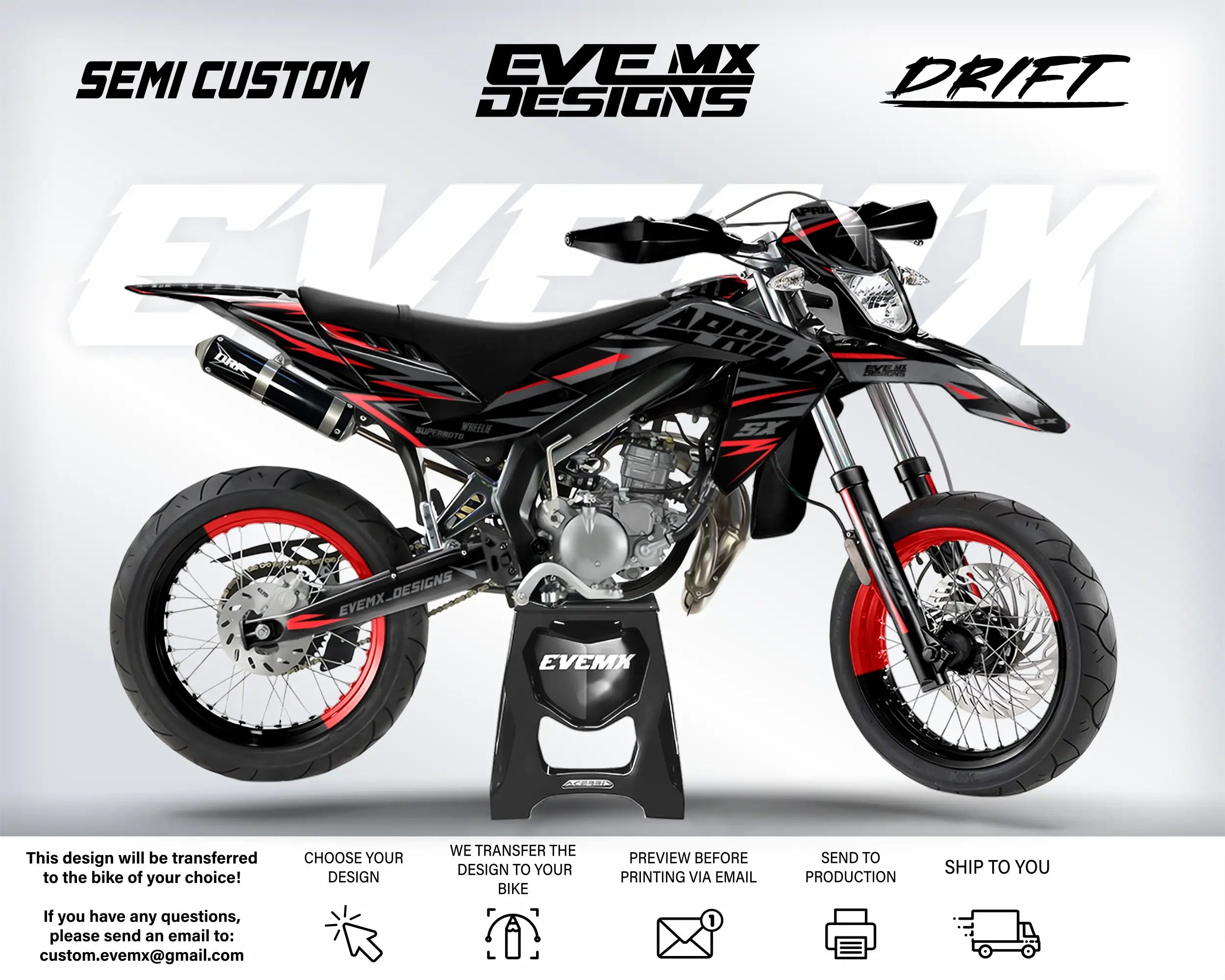 Motorcycle with 'EveMX Designs' branding on a white background