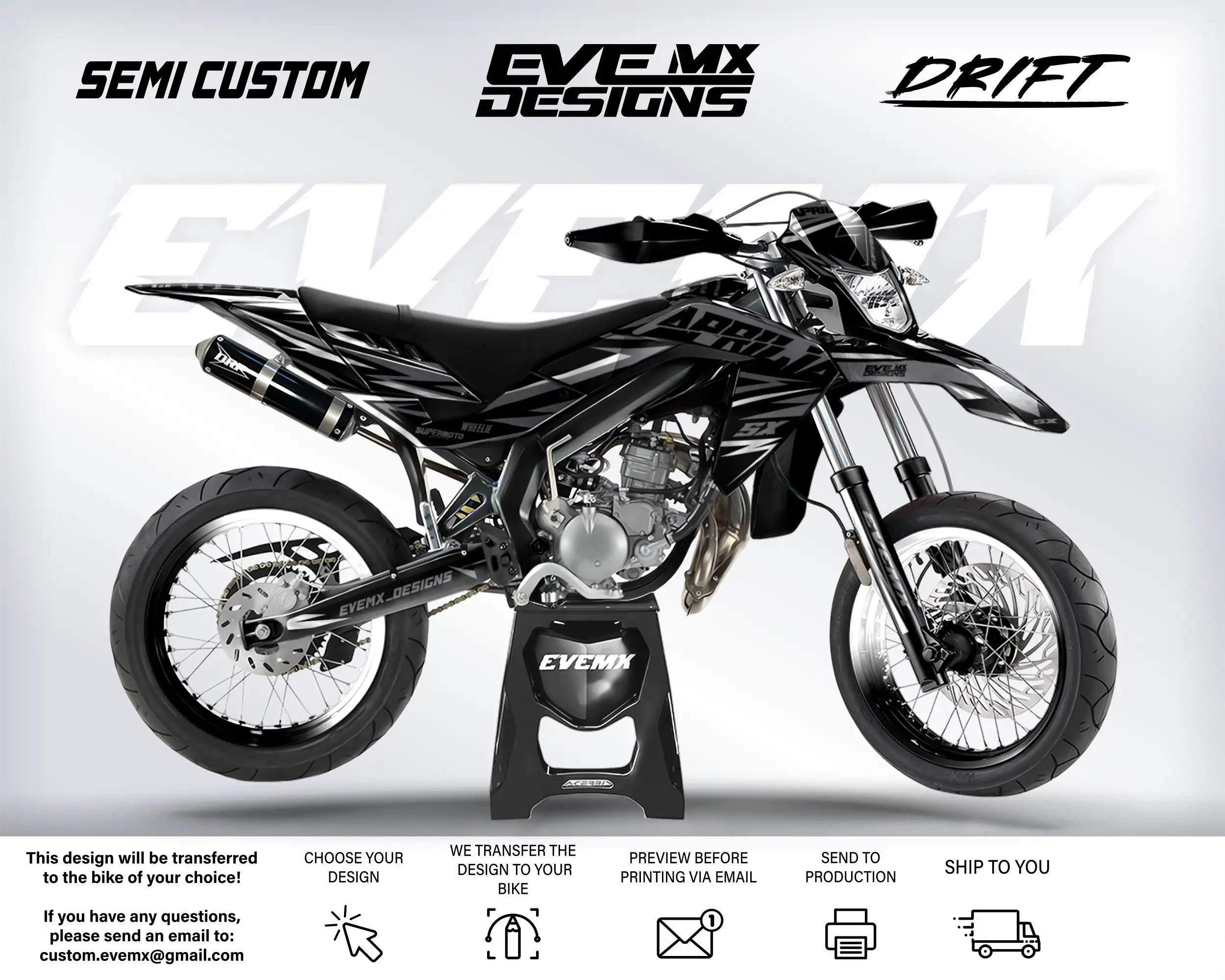Motorcycle with 'EveMX Designs' branding on a white background