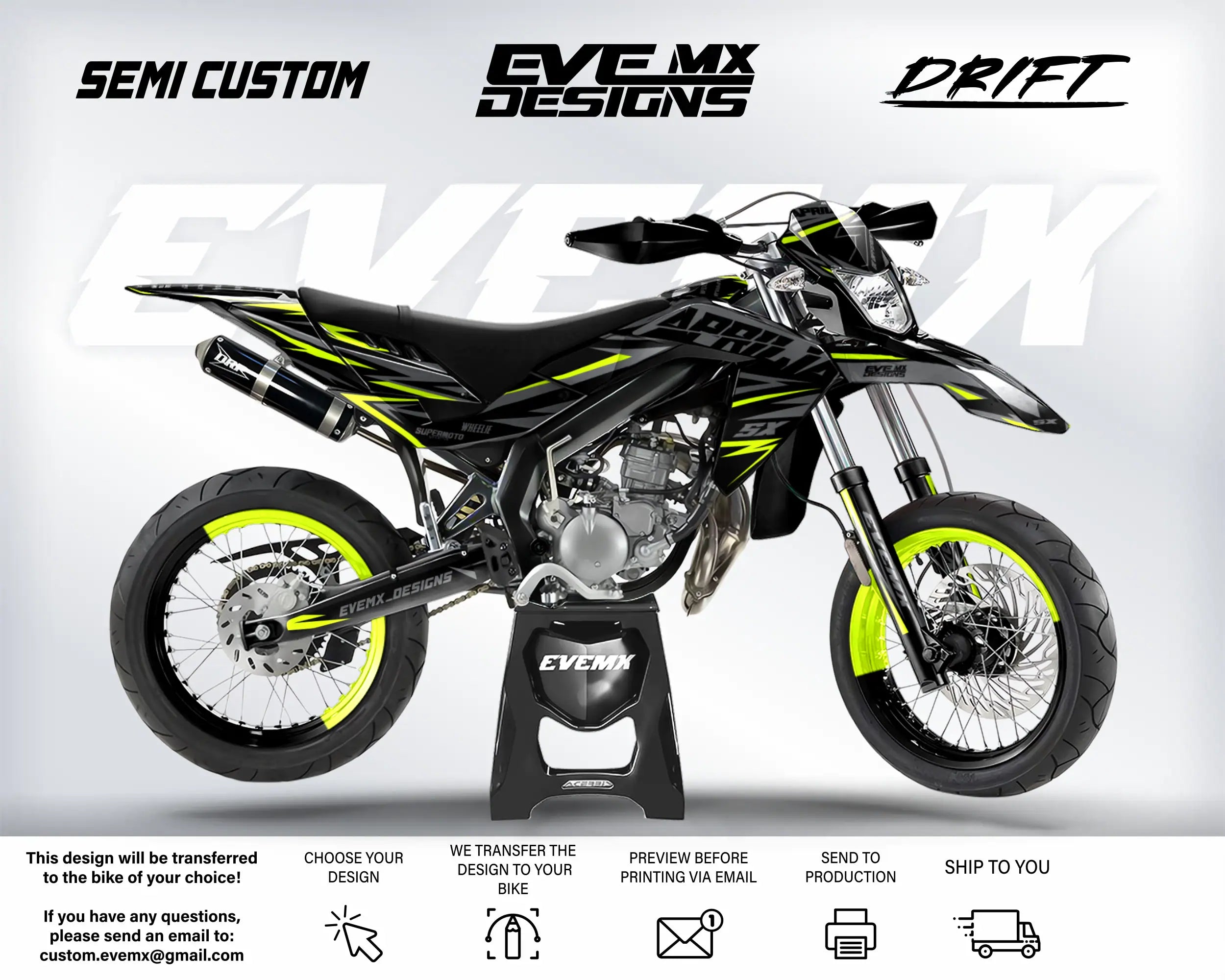 Motorcycle with custom design elements on a white background, featuring EveMx Designs branding and design transfer information.