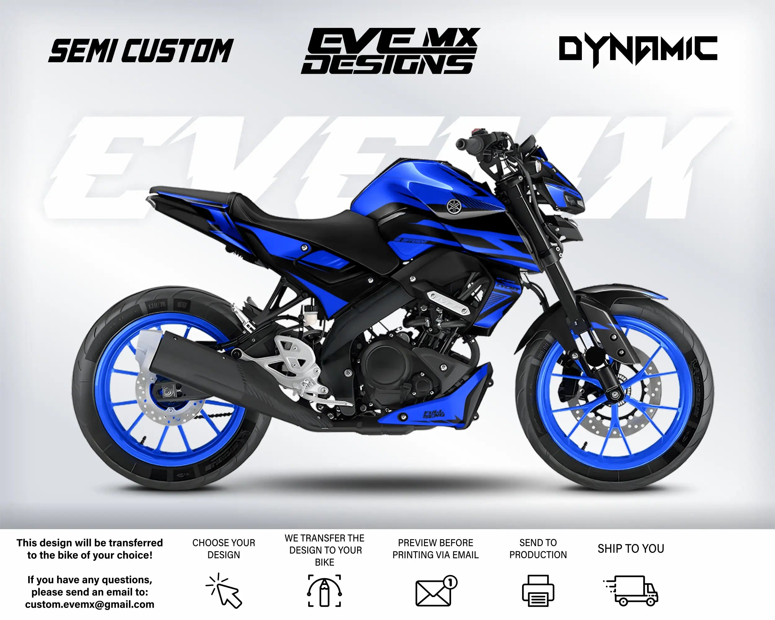 Blue motorcycle with 'EveMX Designs' branding on a white background