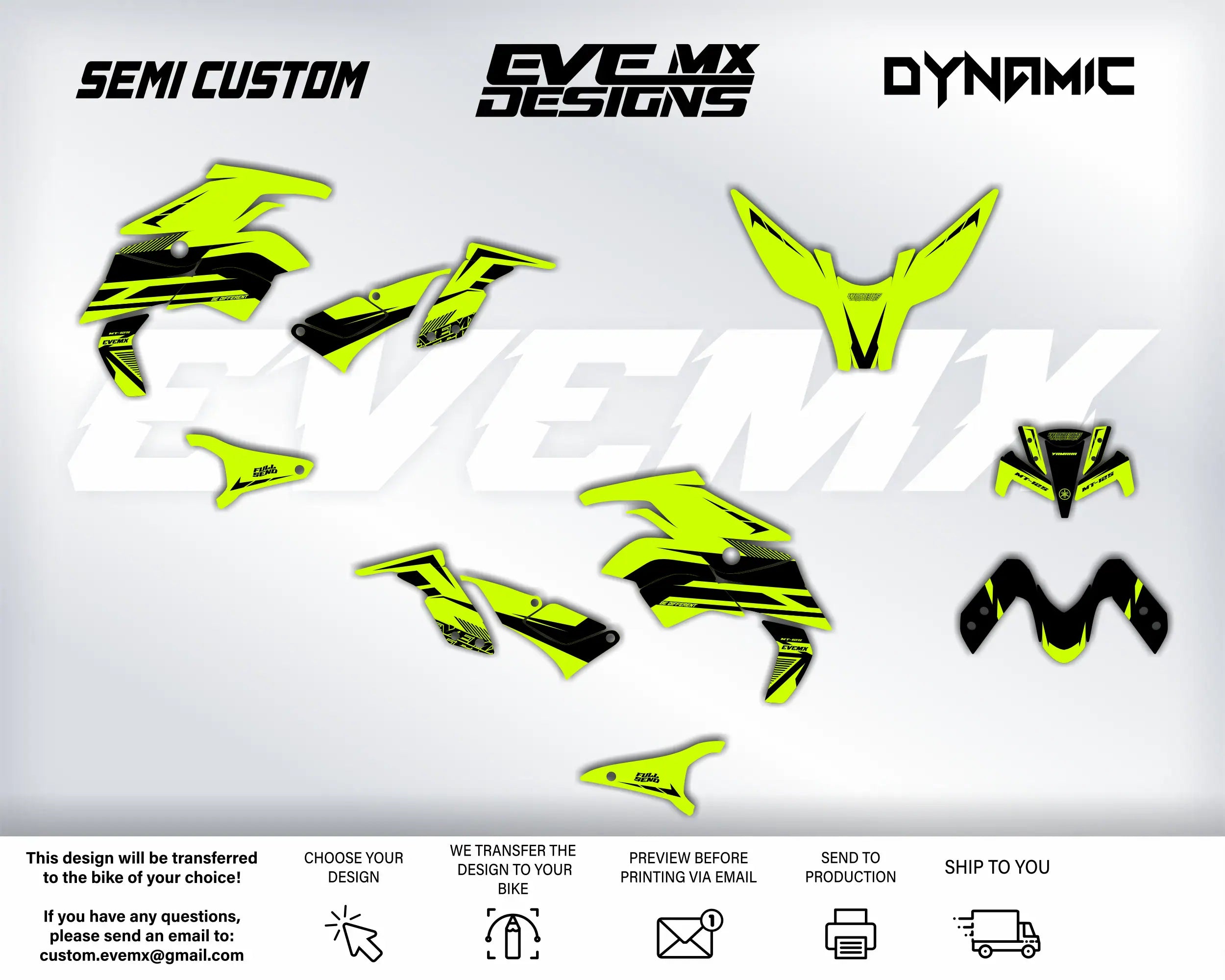 Motorcycle wrap design with SEMI CUSTOM, EVEMX DESIGNS, and DYNAMIC branding on a white background.