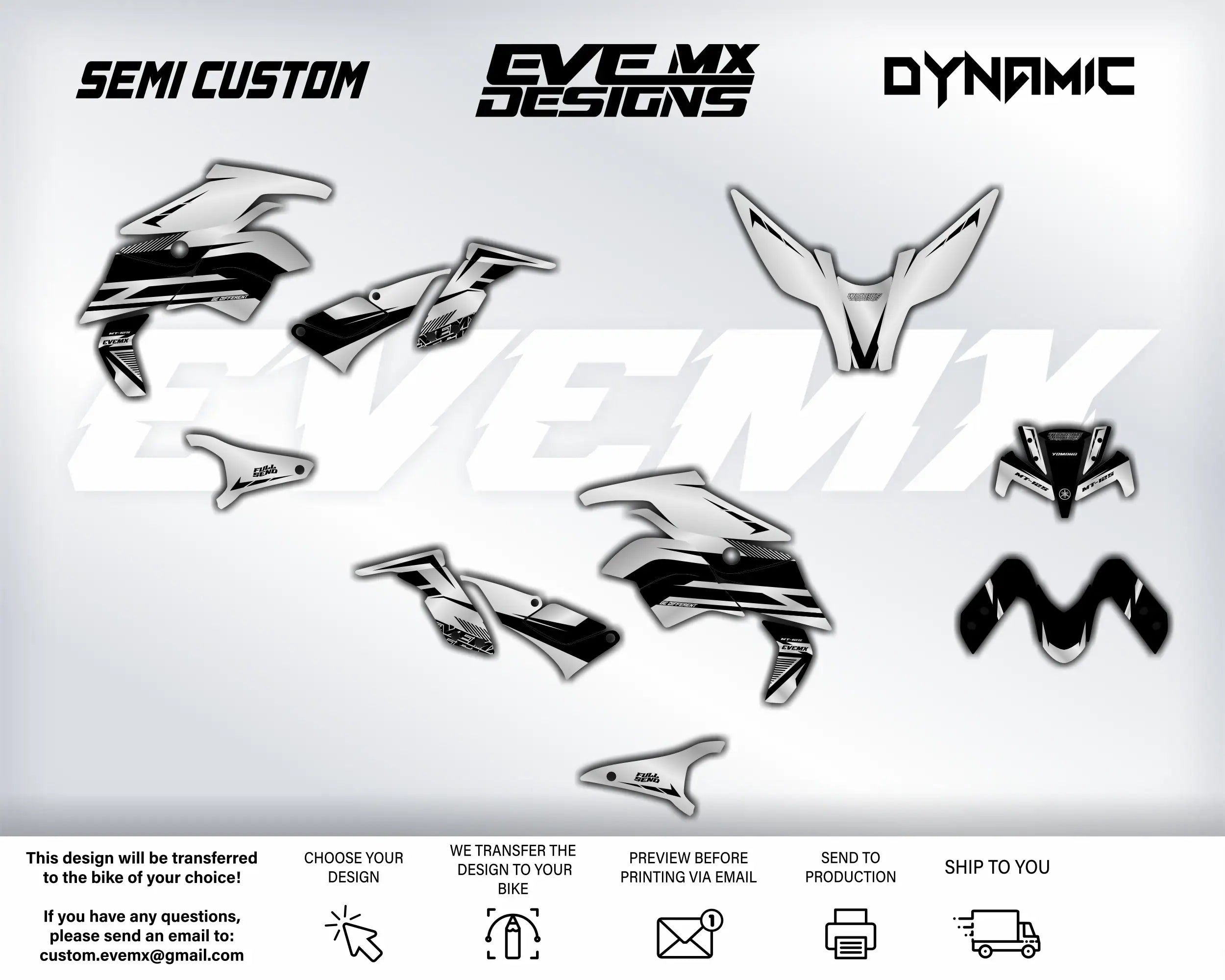 Motorcycle decals with 'EveMX Designs' branding on a white background