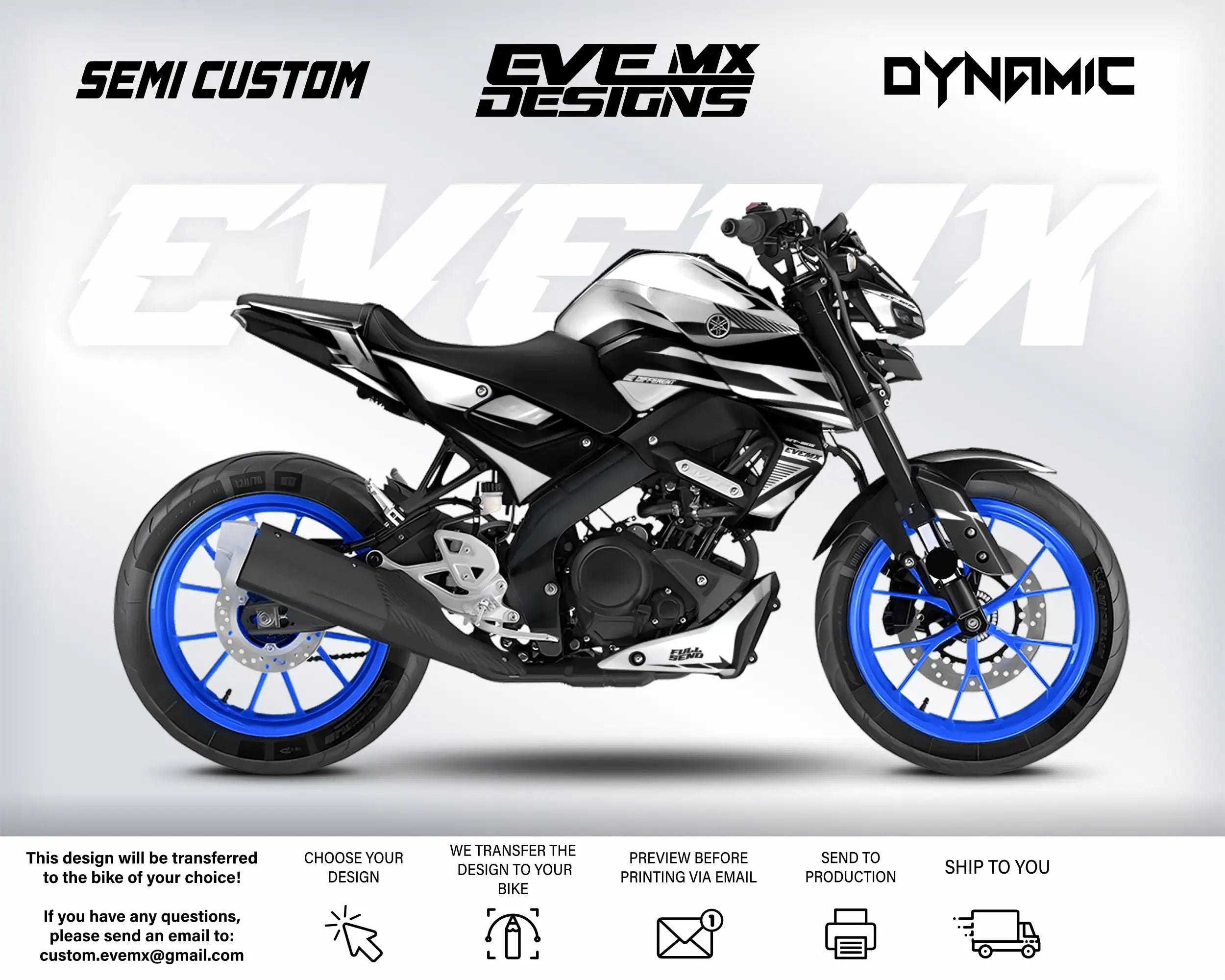Motorcycle with blue wheels on a white background, featuring 'EveMX Designs' branding.