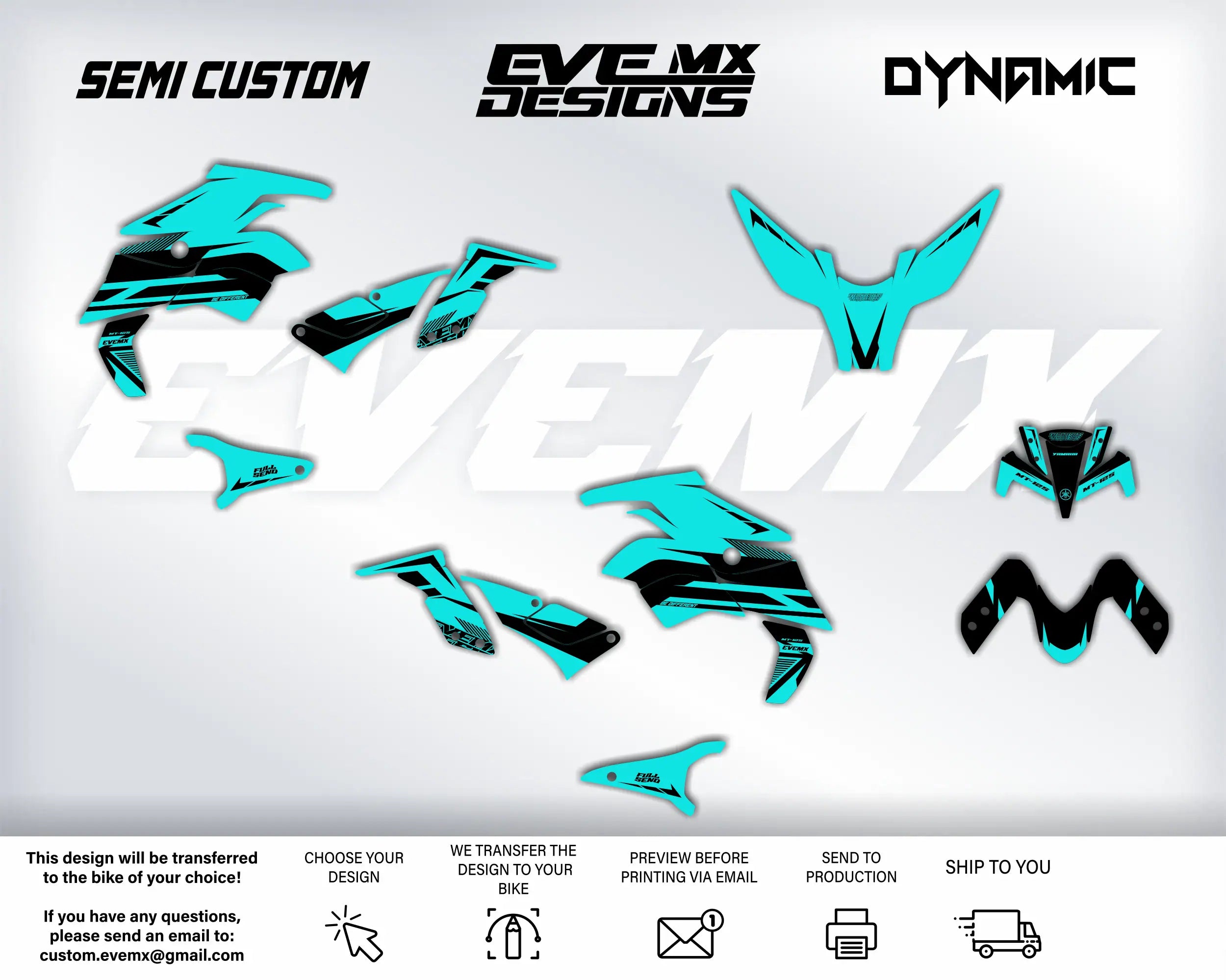 Motorcycle decals with 'EveMX Designs' branding on a white background