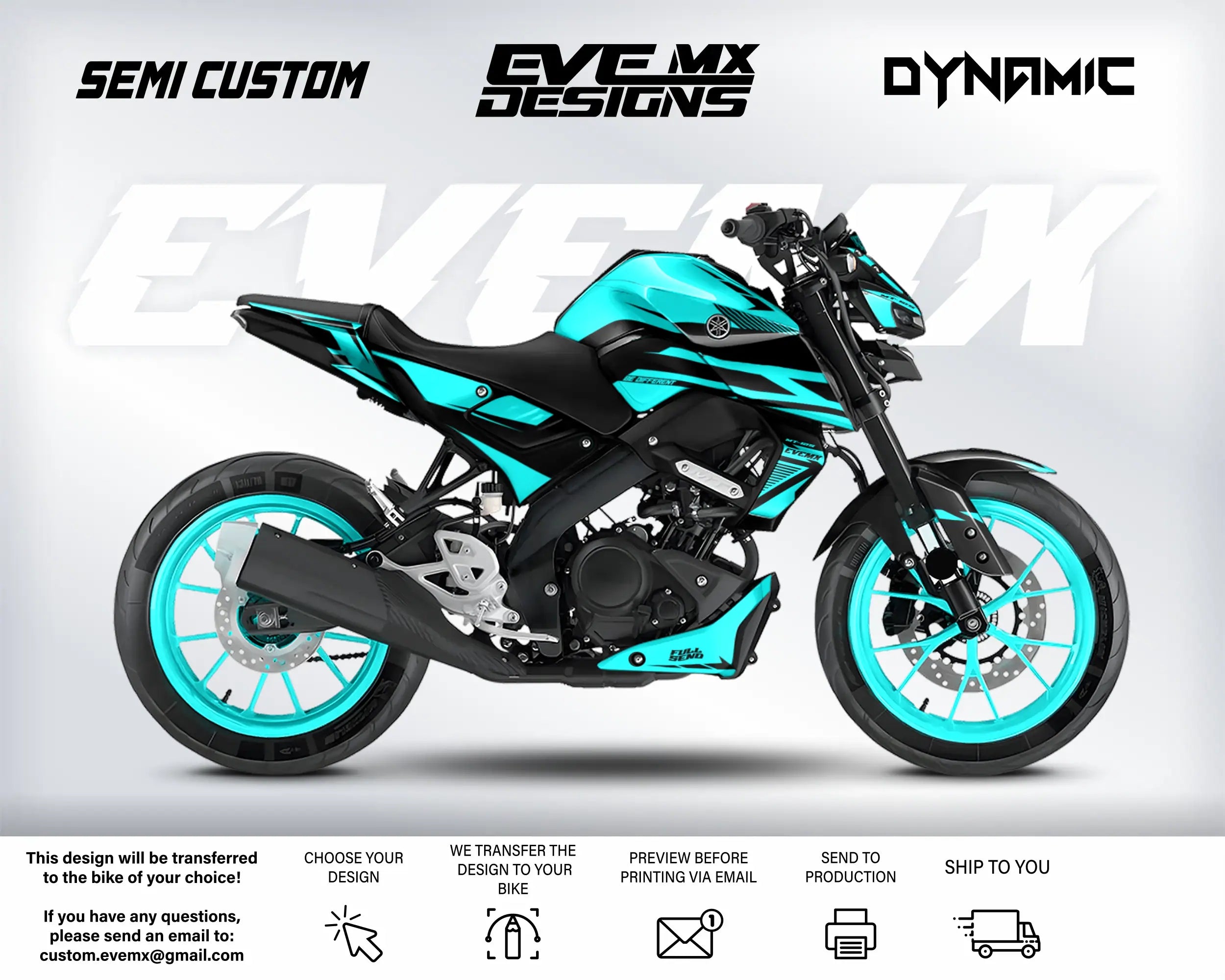 Turquoise and black motorcycle with 'EveMX Designs' branding on a white background