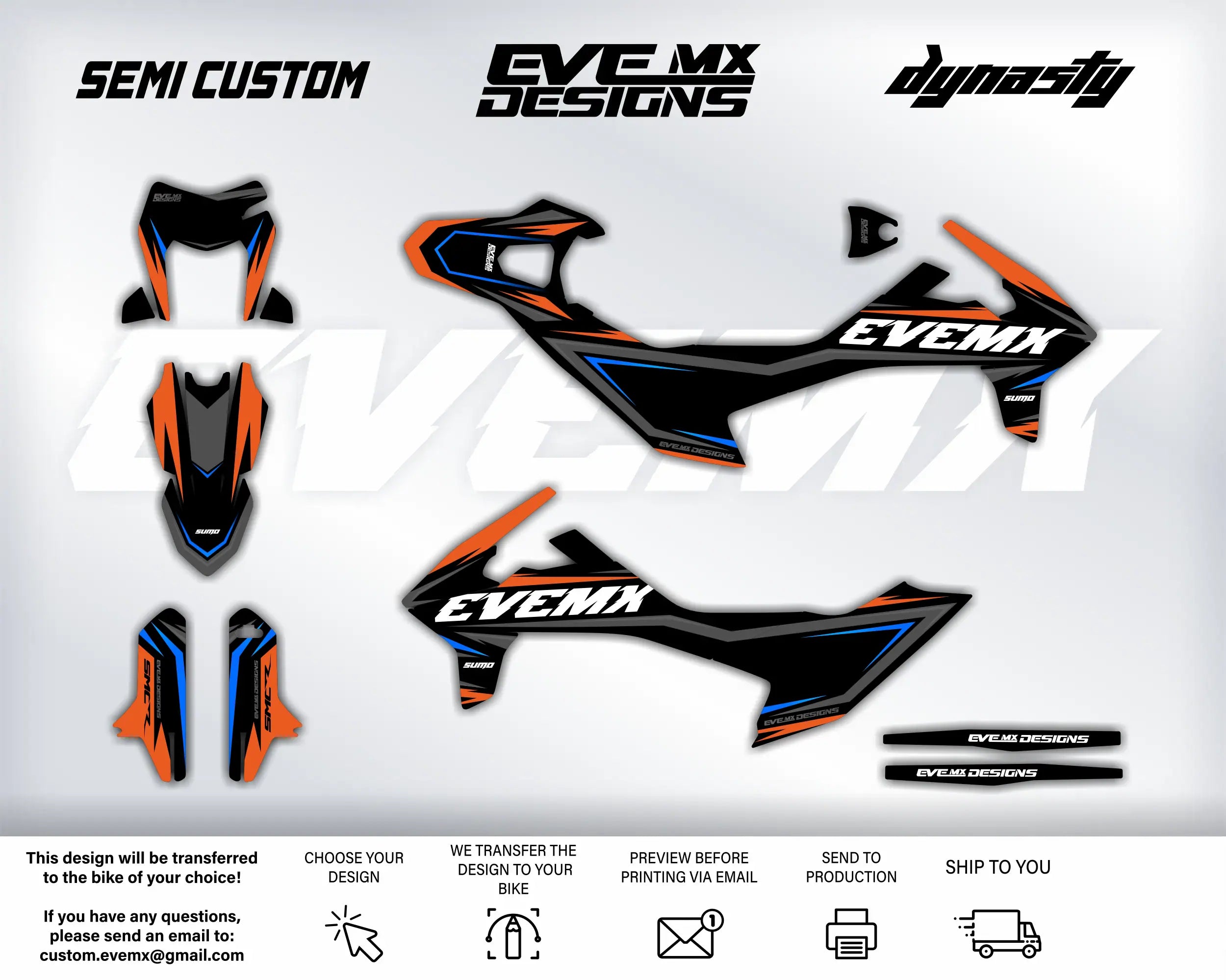 Motorcycle decals with 'EveMX Designs' branding on a white background
