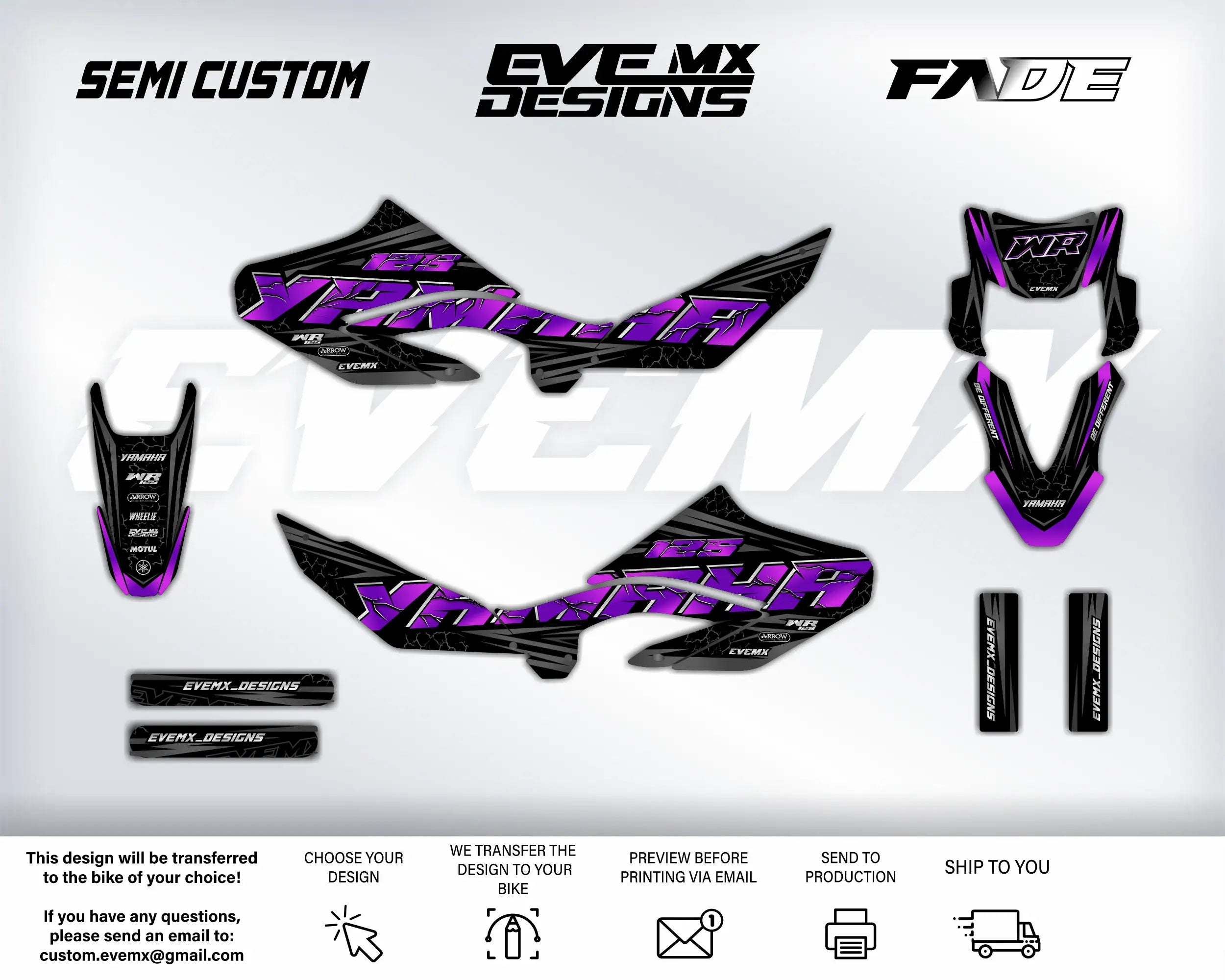 Motorcycle wrap design kit with 'Yamaha' branding on a white background, featuring SEMI CUSTOM, EVEMX DESIGNS, and FADE logos.