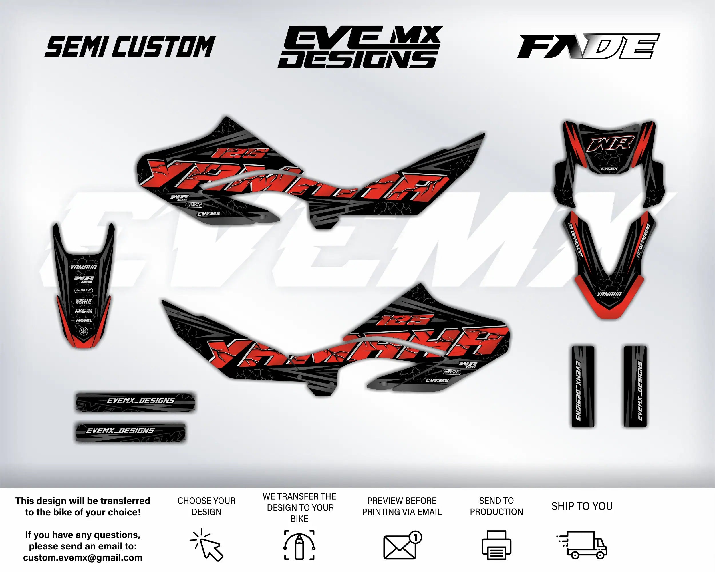 Motorcycle wrap design kit with 'Semi Custom', 'EveMX Designs', and 'Fade' branding on a white background.